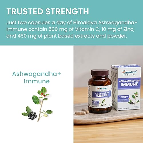 Miniatura 6 de Himalaya Ashwagandha+ Inmune con Ashwagandha, saúco, zinc y vitamina C para apoyo inmunológico activo, 60 cápsulas, suministro de 1 mes, vegano, sin