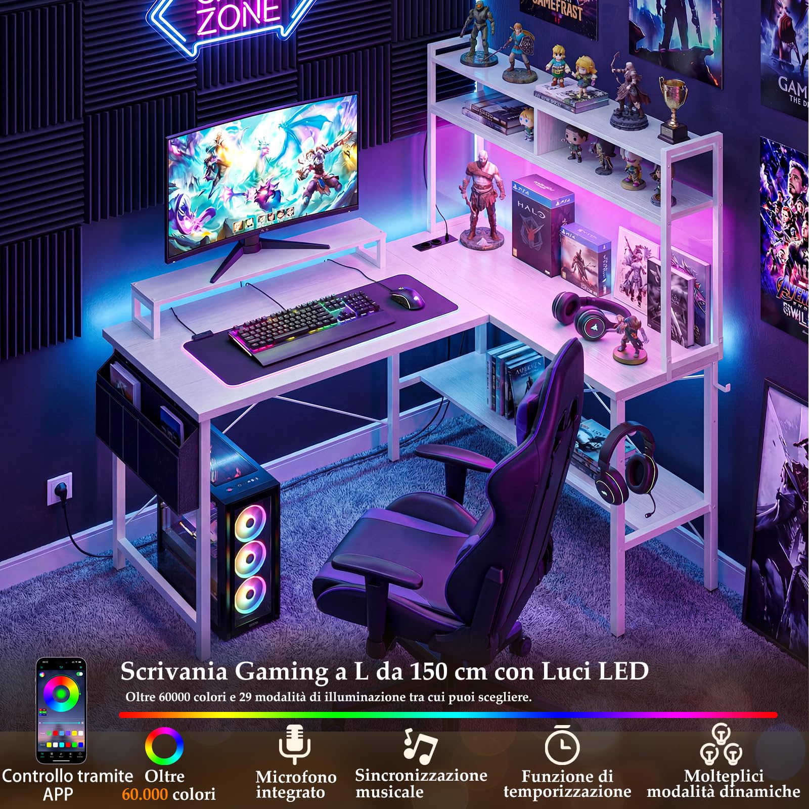 Homieasy Scrivania Gaming Angolare 124cm con LED e Prese, Bianco | Reversibile, Libreria, Supporto Monitor e Borsa, Salvaspazio, Metallo e MDF