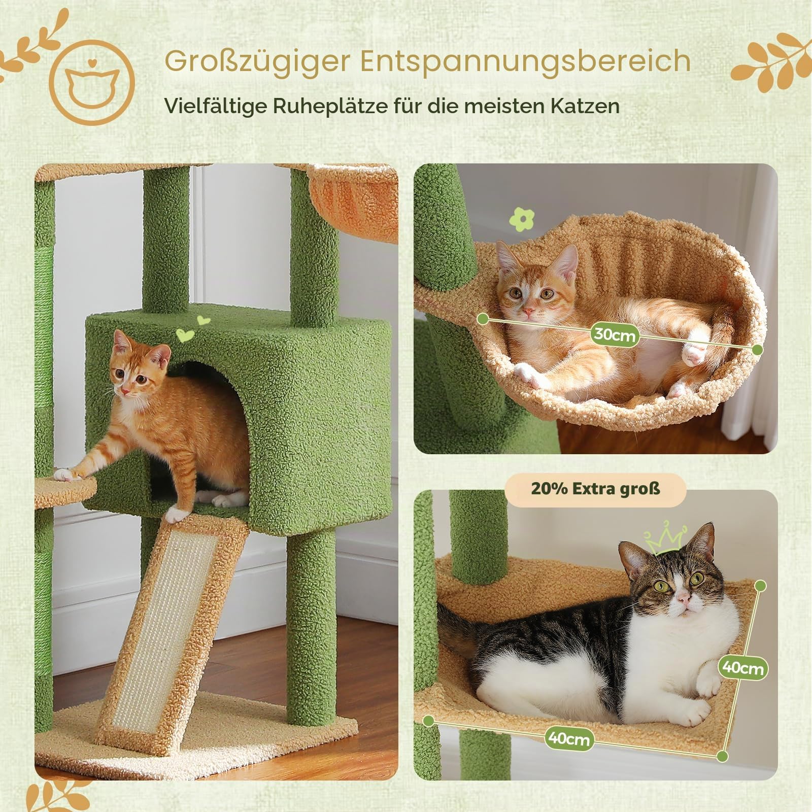 PAWZ Road Kaktus Kratzbaum Deckenspanner, 230-252cm Grün | deckenhoher katzenbaum, Hoch Katzenbaum Kaktus, Katzenhöhle, Katzenhängematte, Kletterbaum, 43L x 39B x 230H cm, Aktiv