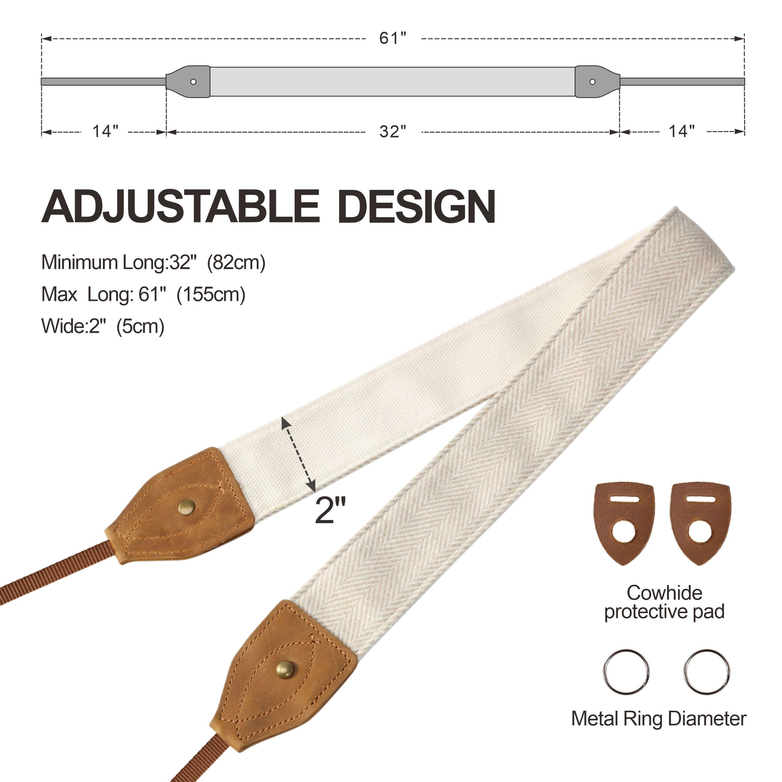 Correa para cámara, Correa universal ajustable de cuero de vaca de doble capa para el cuello y el hombro para todas las cámaras DSLR, 2 inch Wide / Adjustable 31.5~60.5 inch