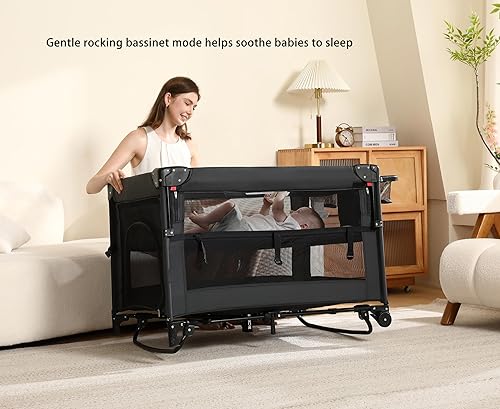 Miniatura 6 de Pack and Play, corralito 5 en 1 para bebés Cuna portátil, moisés, mesita de noche, cambiador y corralito Malla transpirable Seguro y plegable