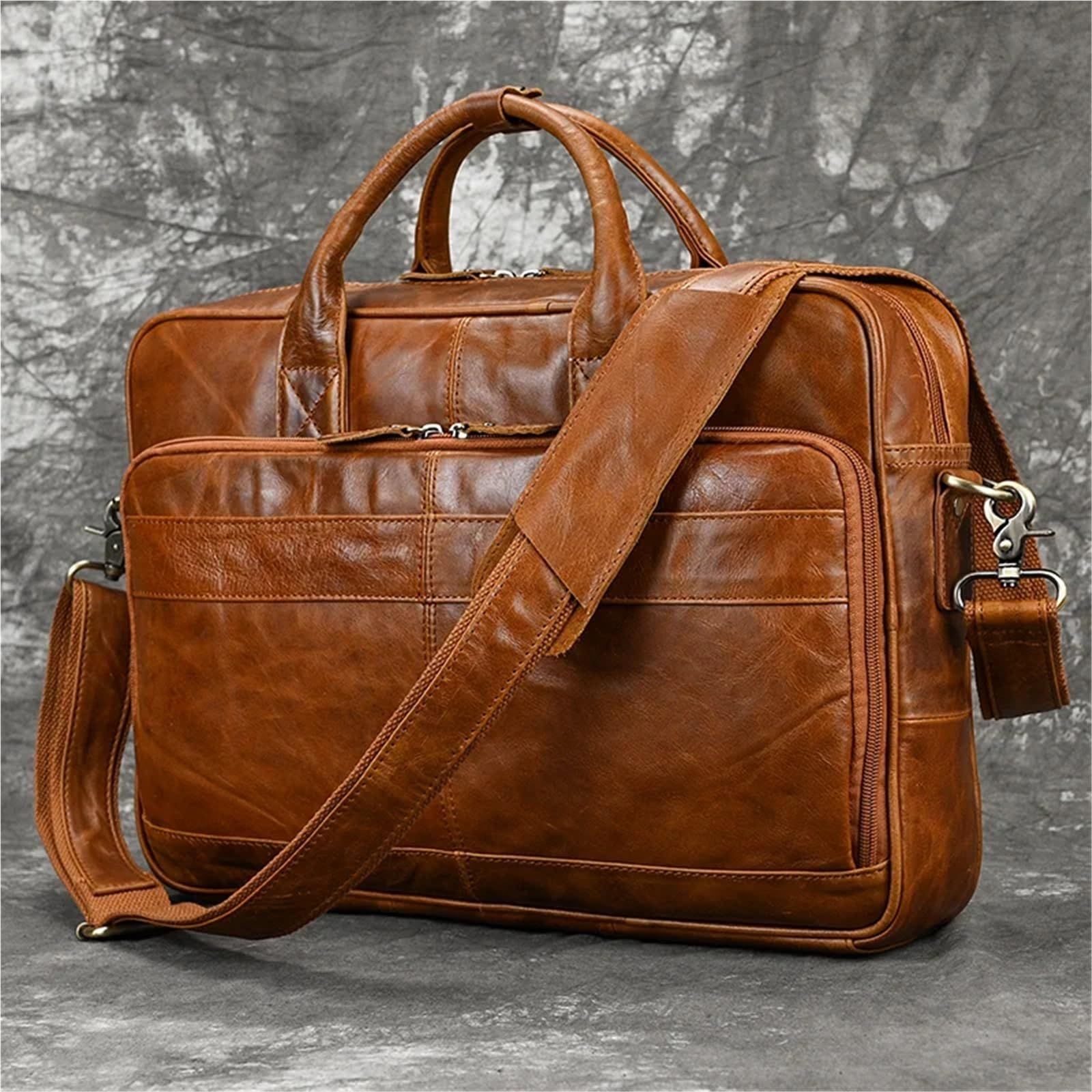 Bolso Mensajero De Cuero Maletín grande de piel auténtica for hombre, apto for portátil 16", bolso mano negocios, bandolera vaca, trabajo, color rojo En Viaje De Negocios