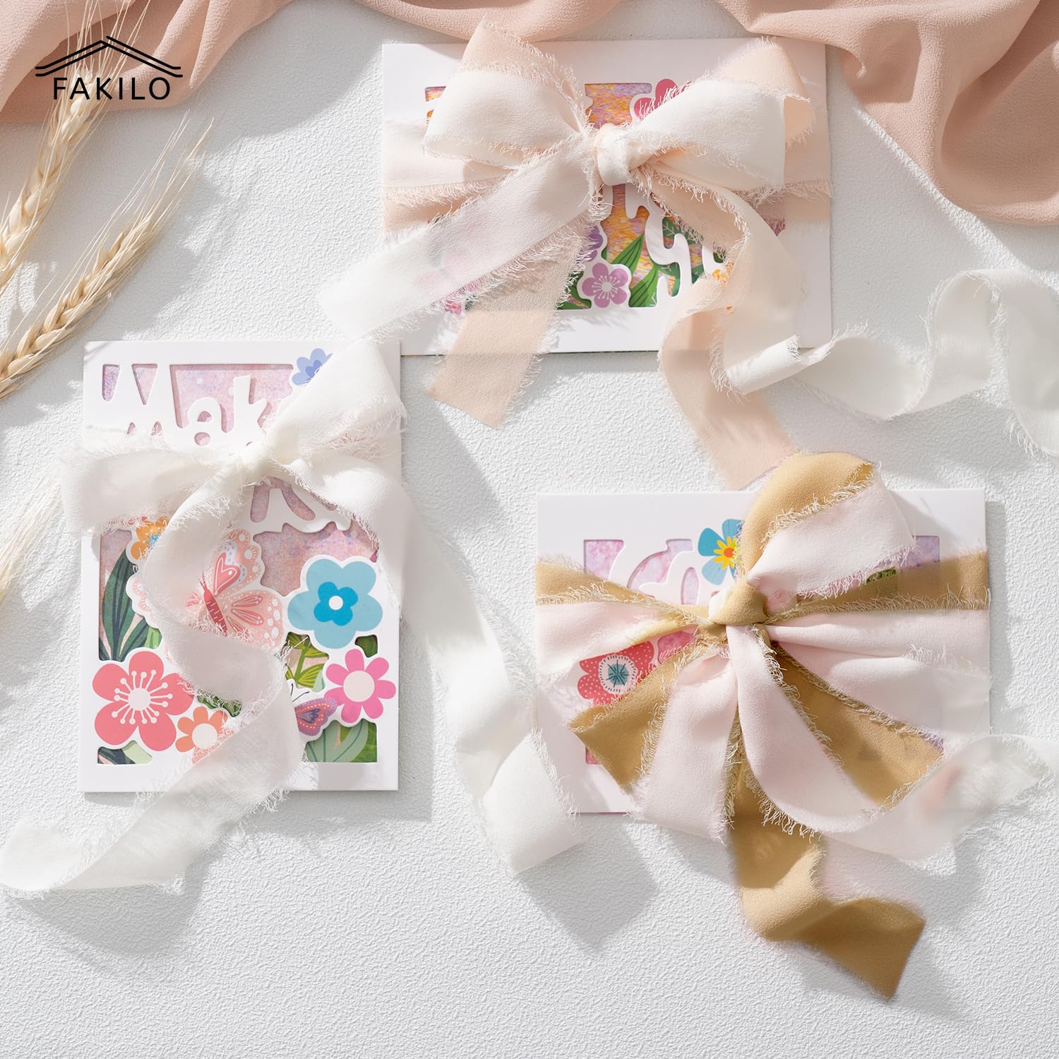 FAKILO Set di nastri in chiffon, 4 rotoli da 2,5 cm x 4,6 m con bordo sfilacciato per inviti di nozze, bouquet da sposa, confezioni regalo, artigianato fai da te