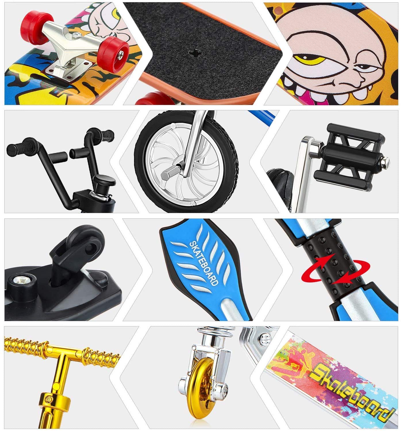 Zestaw do skateparku, mini zabawki na palec, deskorolki, rowery, mała huśtawka z wymiennymi kółkami i narzędziami (17 szt.)