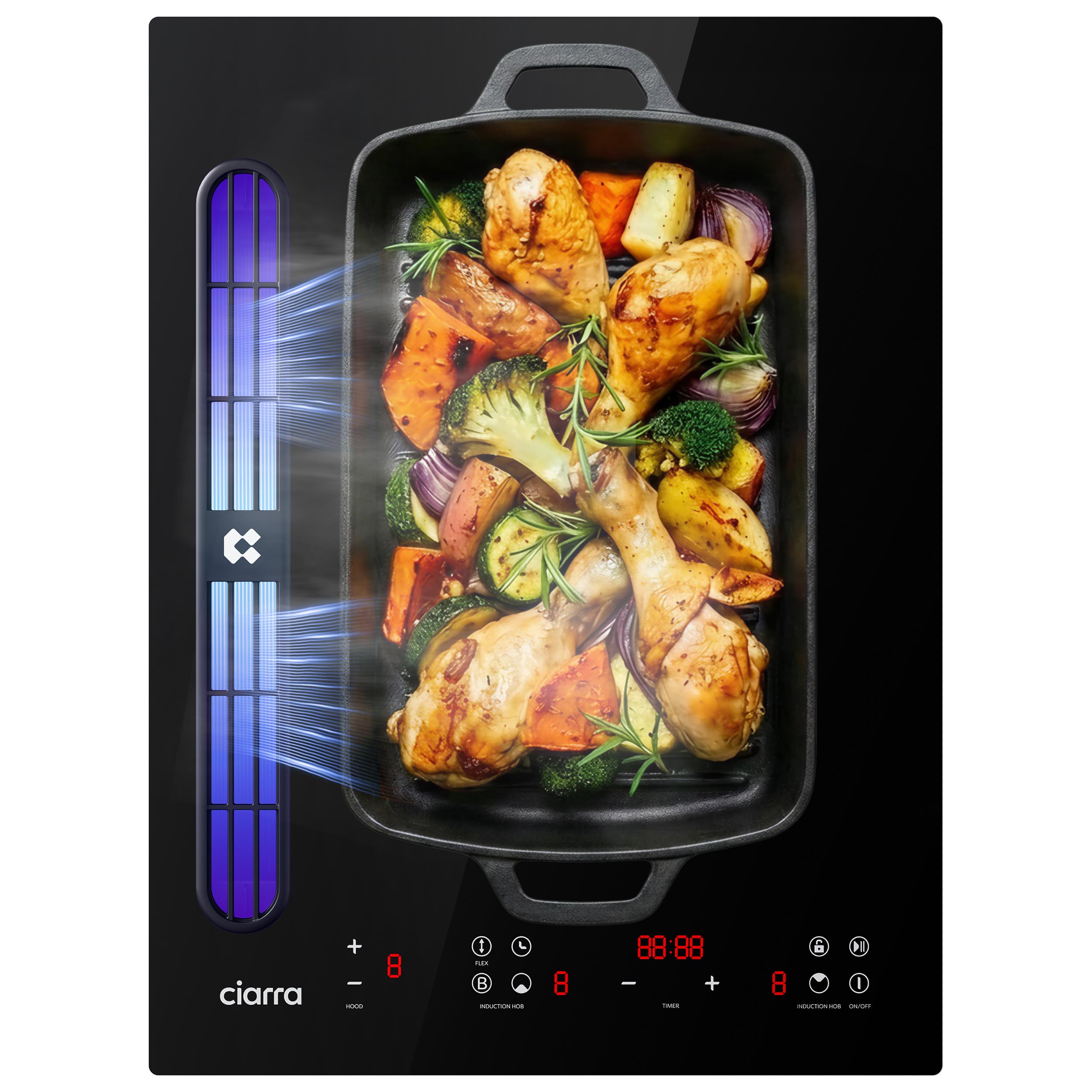 CIARRA ONE CBBEH392BF Plaque de cuisson à induction avec hotte aspirante, hotte de table intégrée, 39 cm, 2 plaques, Flexzone, 9 niveaux, sécurité enfant, minuterie, Stop & Go Booster