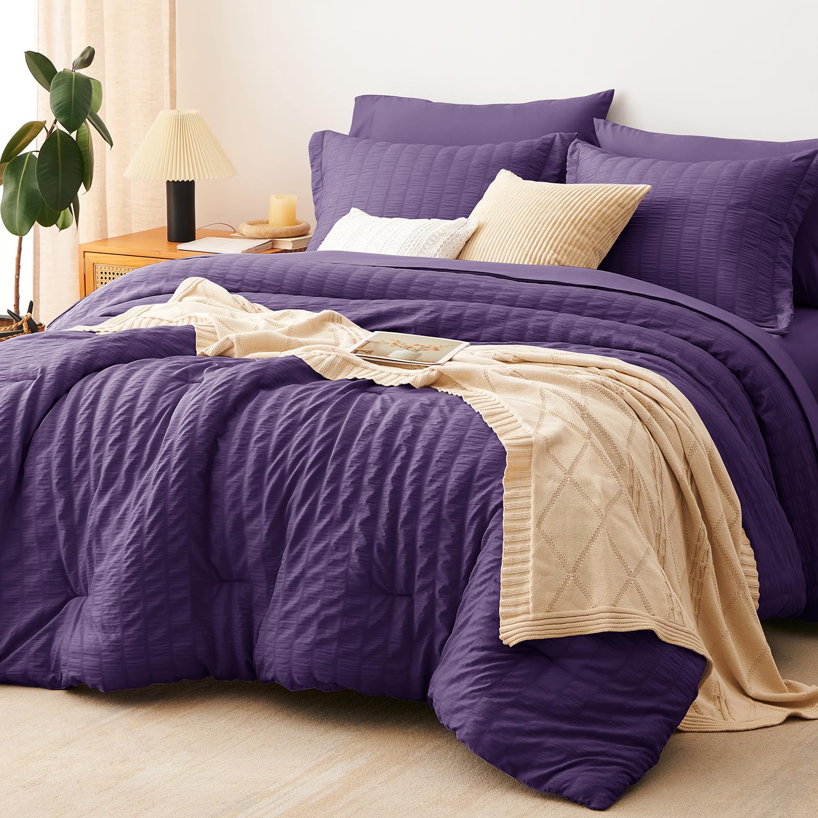CozyLux Queen Comforter Set, 7 Pieces Purple Seersucker Bed in a Bag