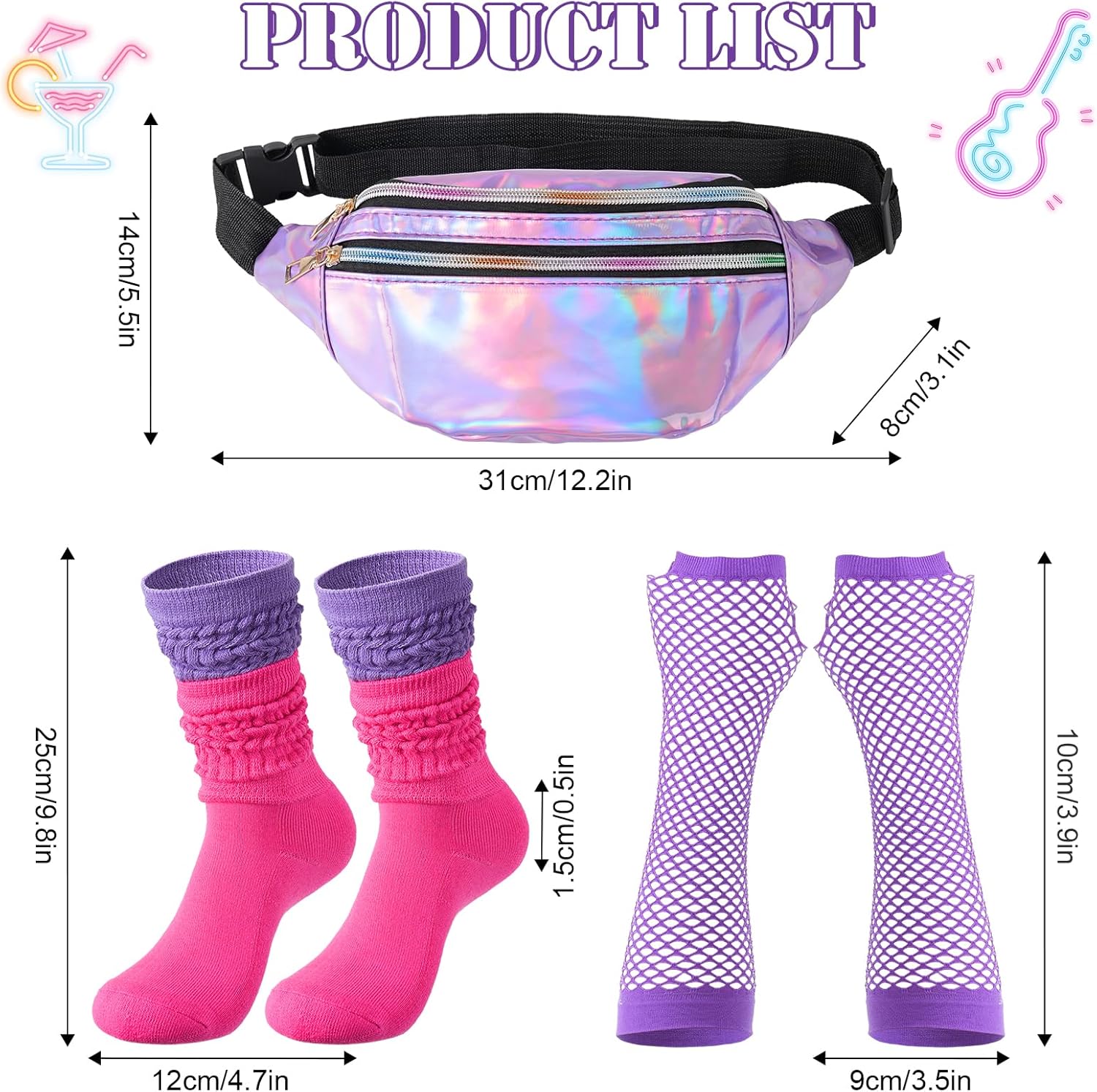 80s Accessories for Women Outfit Set, Neon Leg Warmers, Lace Headband, Fishnet Gloves, Earrings & Holographic Fanny Pack, Retro Costume for 80's Party - Image 2