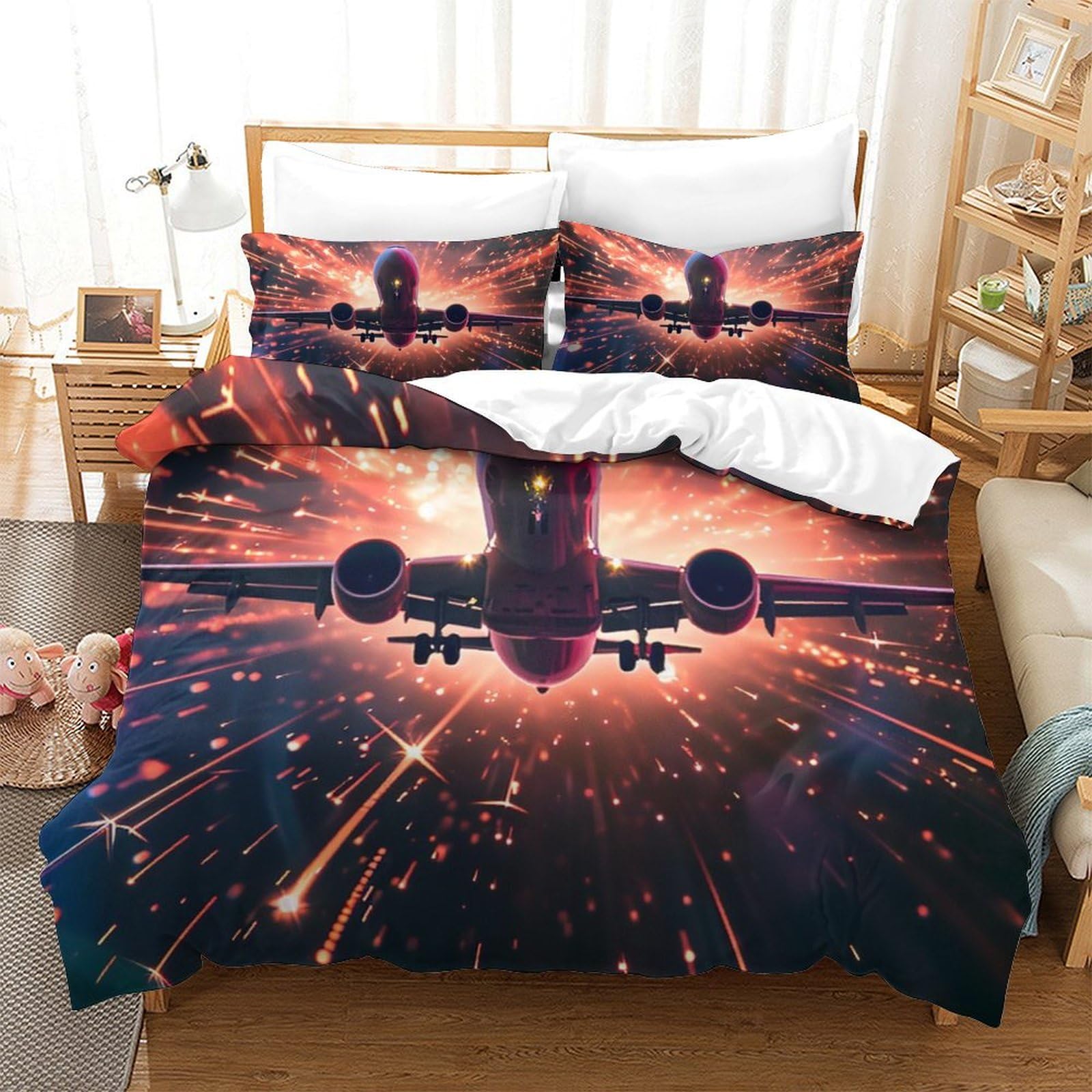 Parure de lit avion 3D 260x220 cm anti-froissement en microfbre respirante pour grand lit