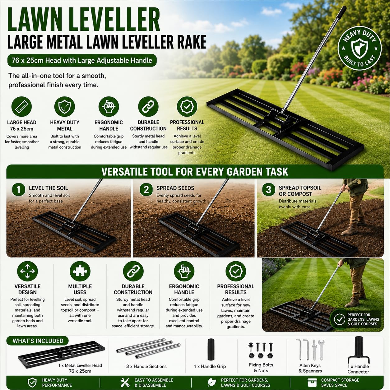 Grande rastrello livellatore per prato, strumento di livellamento del suolo per giardino, terriccio, strumento di classificazione per rinnovamento dell'erba resistente