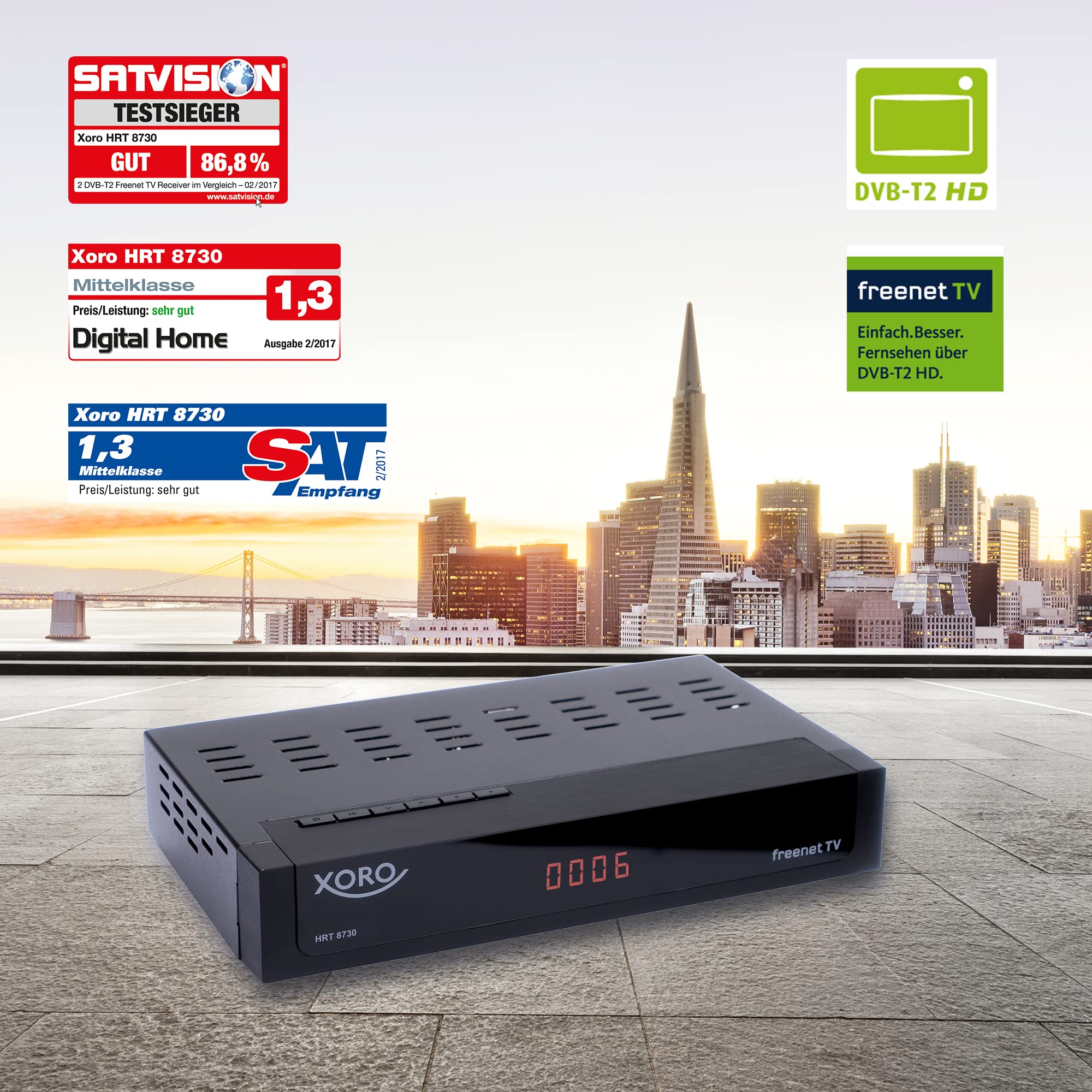 XORO Odbiornik DVB-C/T2 Combo HRT 8730 Hybrid z odtwarzaczem multimedialnym USB, PVR Ready, Timeshift, wbudowanym systemem dostępu Irdeto do Freenet TV i 6 miesięcy
