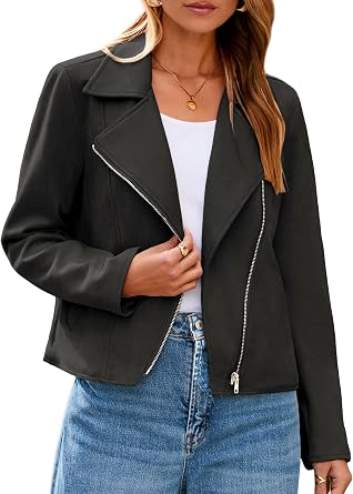 Glamaker Womens Faux Suede Jackets Long Sleeve Casual Cropped Zipper Biker Moto Jacket Fall Winter Outfits