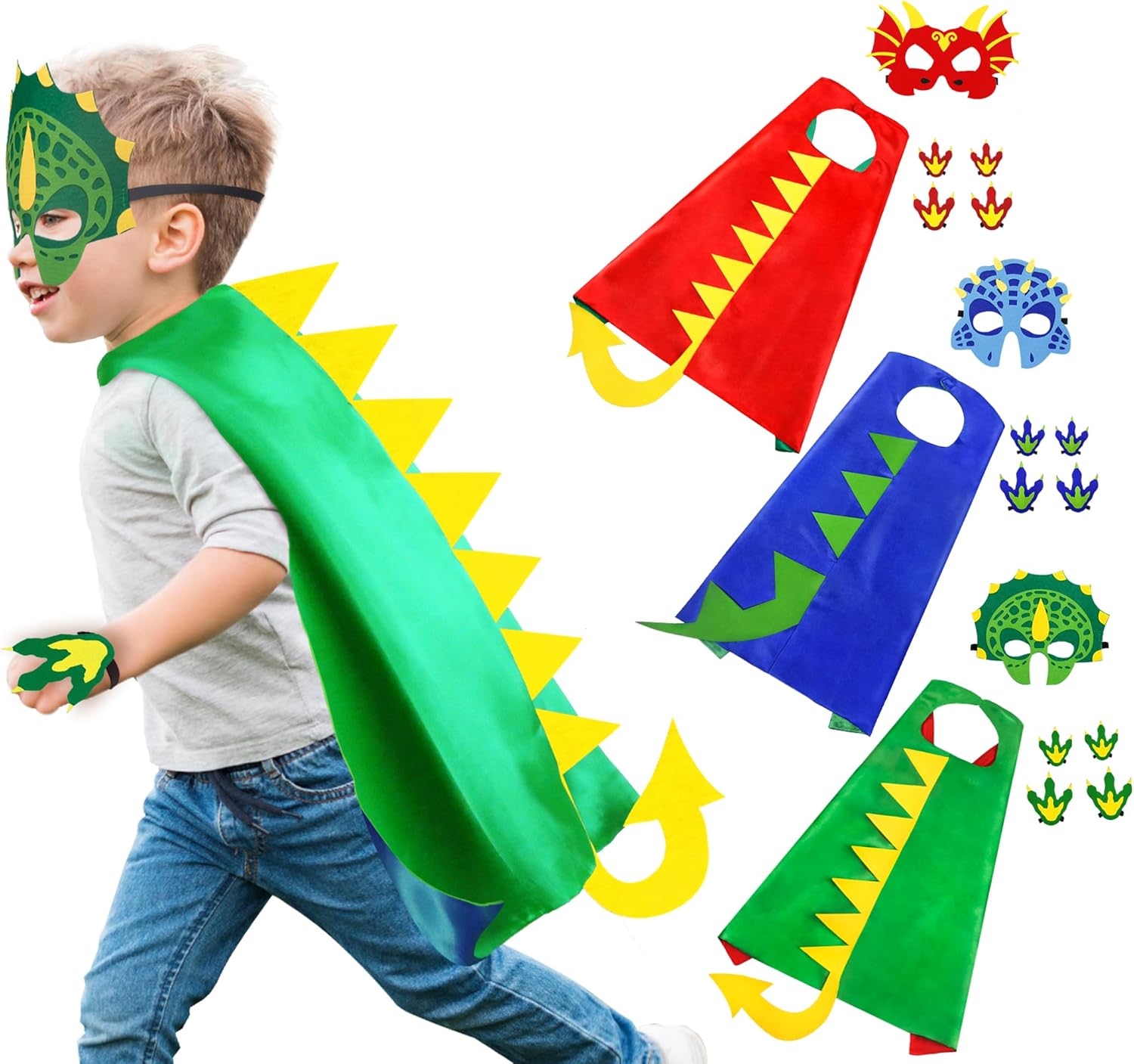 iROLEWIN Dinosaur-Costume for Kids Dragon-Capes Dino Masks Claws as Toddlers Dress-up Birthday Gifts Party Toys 3+ Boy Girls