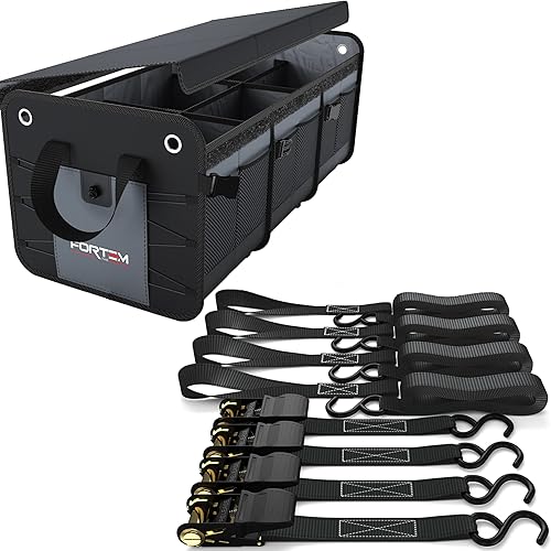 FORTEM Organizador de maletero de coche (3 compartimentos, gris) + correas de trinquete
