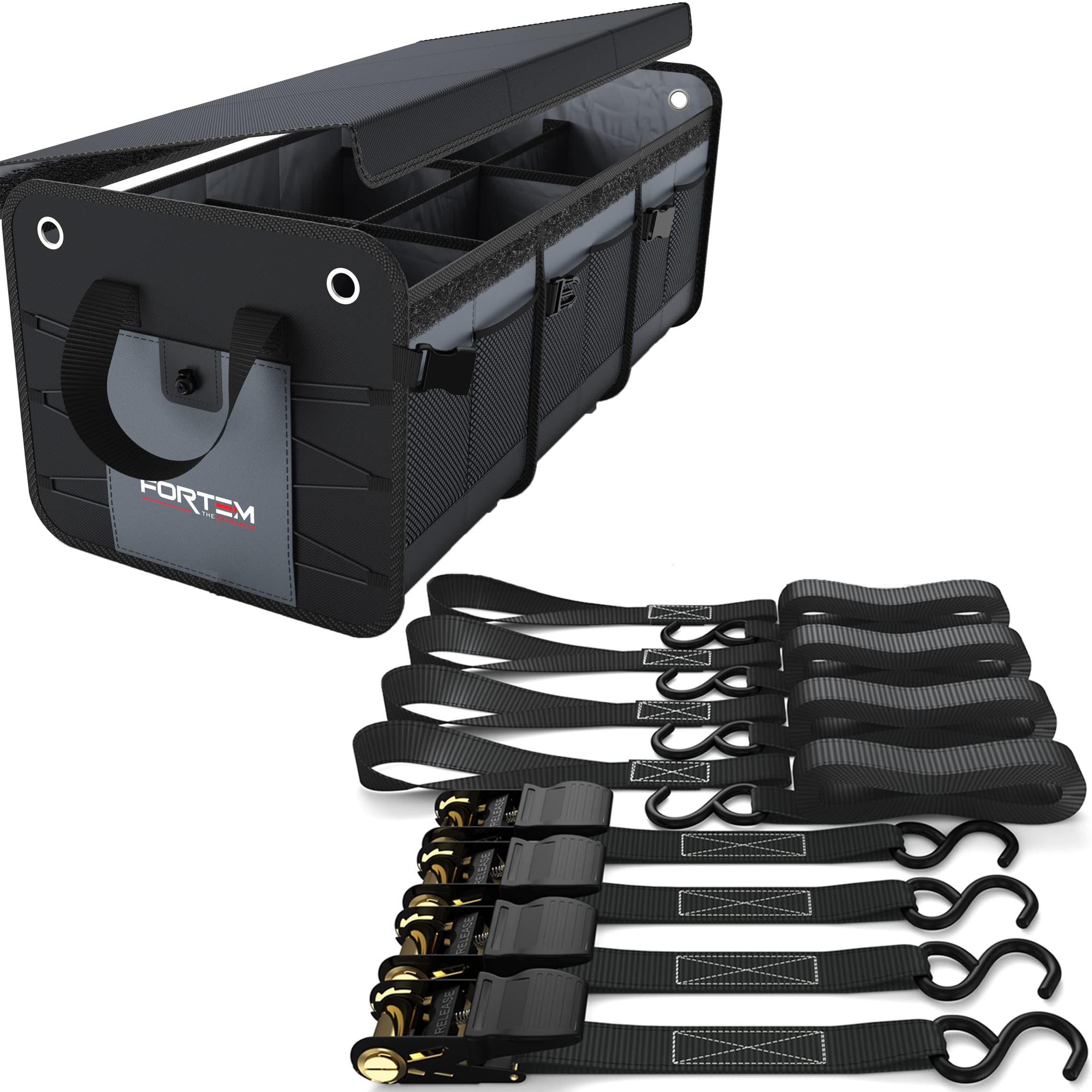 FORTEM Car Trunk Organizer (3 Compartment, Grey) + Ratchet Straps