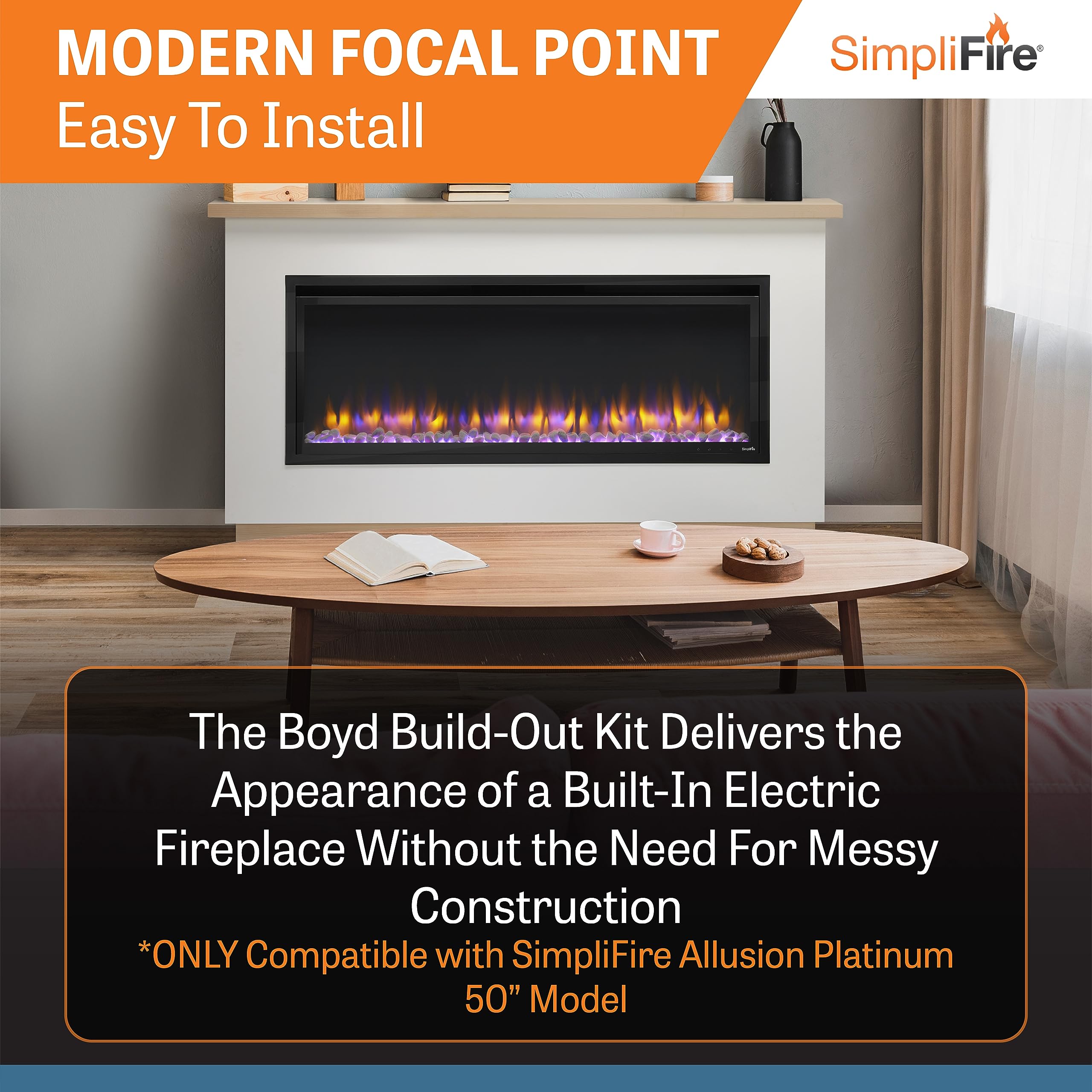 SimpliFire Electric Fireplace with Mantel Boyd Build-Out-Kit Includes 50 Inch Allusion Platinum Electric Wall Fireplace - Traditional Floor or Floating Install No Construction - Ready-to-Finish