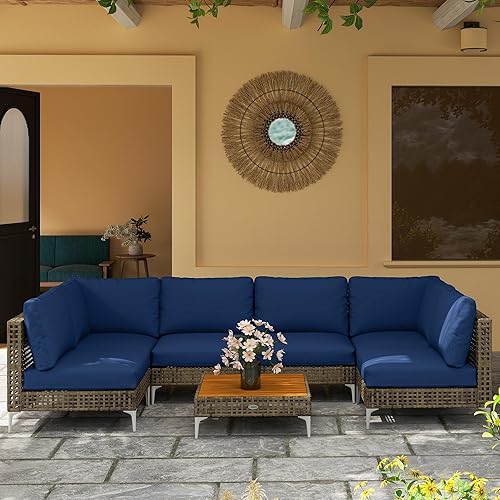 Miniatura 8 de Outsunny Juego de muebles de mimbre de 7 piezas, modular para exteriores con cojines gruesos, juego de conversación de muebles de ratán para
