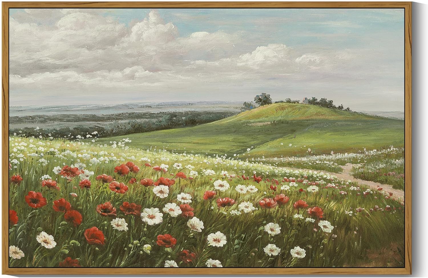 SHENIFY Vintage Landscape Framed Wall Art Meadow Flowers Farmhouse Decor Retro Classic Painting for Hallway Living Room Bedroom Dining Room - 24x36in Natural Framed