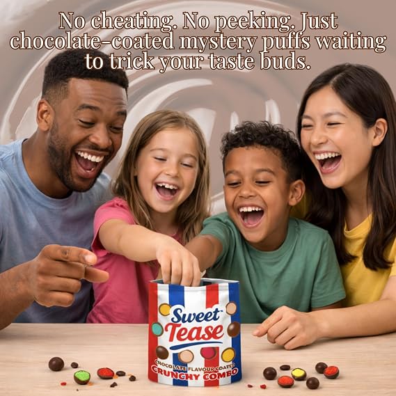Sweet Tease Chocolate Covered Puffs 80g – Party Sweets with 6 Surprise Crunchy Centre Flavours (Vanilla, Mint, Orange, Banana, Cherry, Coconut) UK MADE