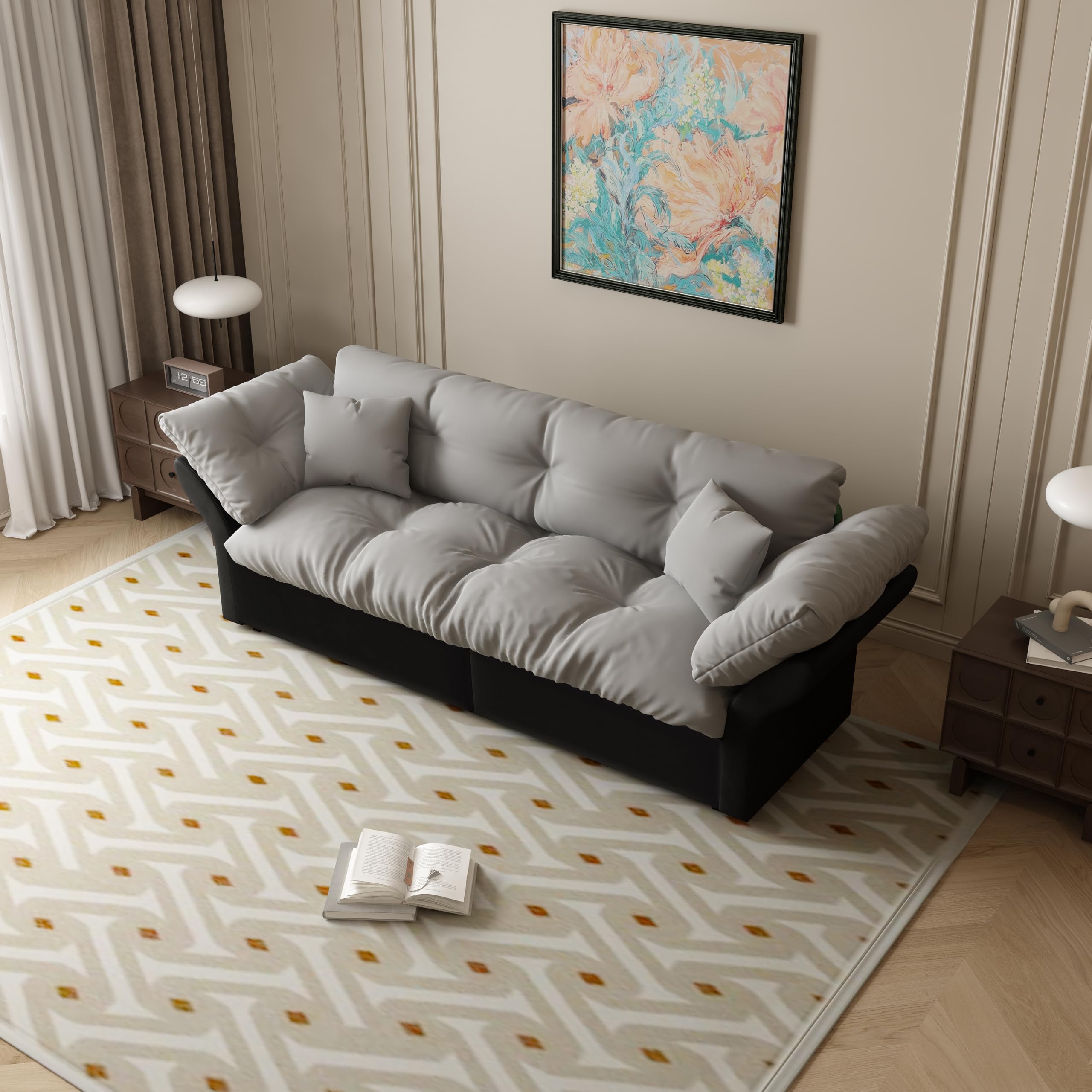 Generisch Konwertowalna sofa z funkcją spania 3 w 1 3 w 1, welurowa, rozkładana sofa z tuftingiem i 2 miękkimi poduszkami, wielofunkcyjne łóżko do salonu, sypialni, jasnoszara