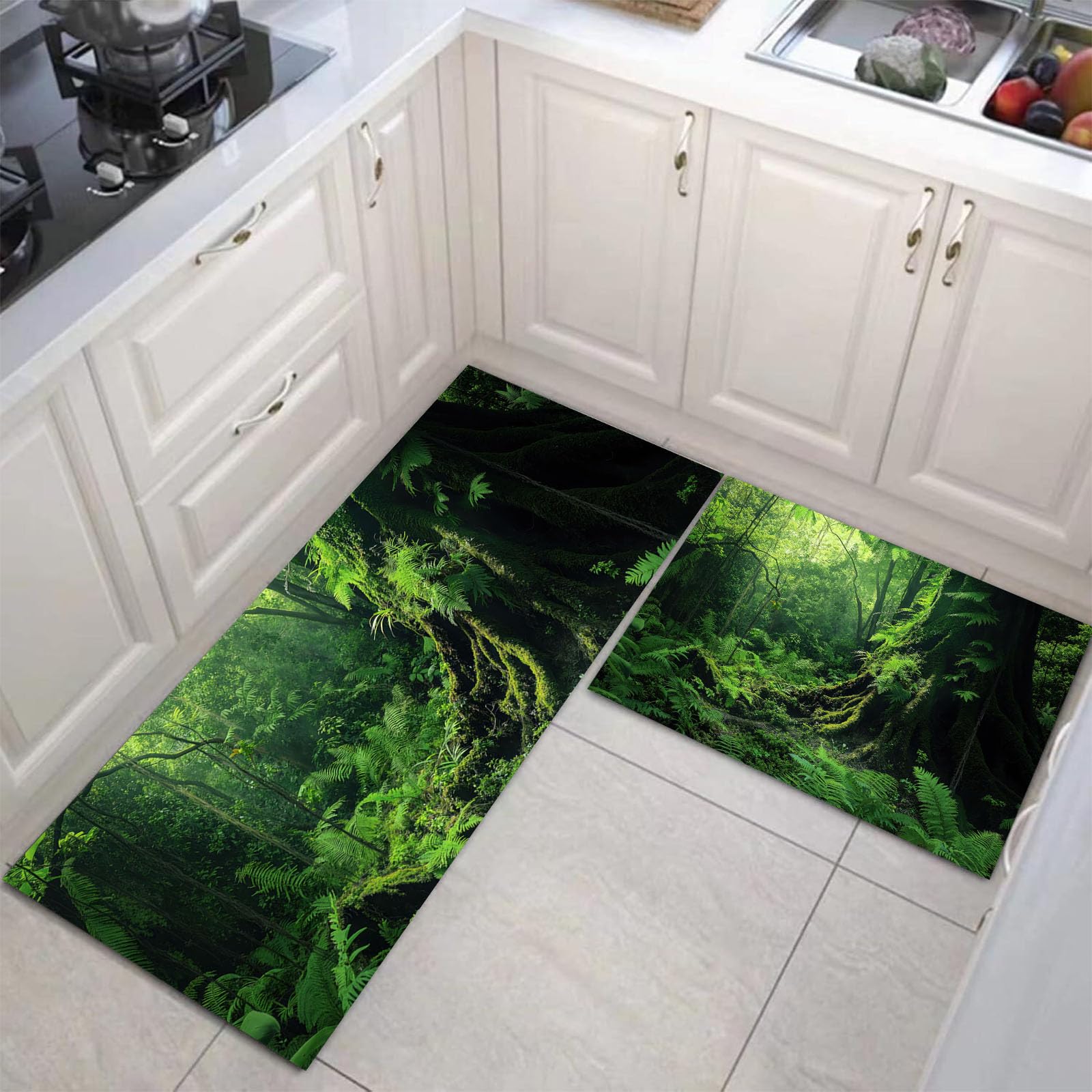 Tappetini da cucina 2 pezzi, Tappeto Cucina Antiscivolo, Fotografia della foresta pluviale Felci arboree antiche Tappeti da Cucina, lavabile, Adatto per corridoi, cucine,50x80+50x150cm, Verde scuro