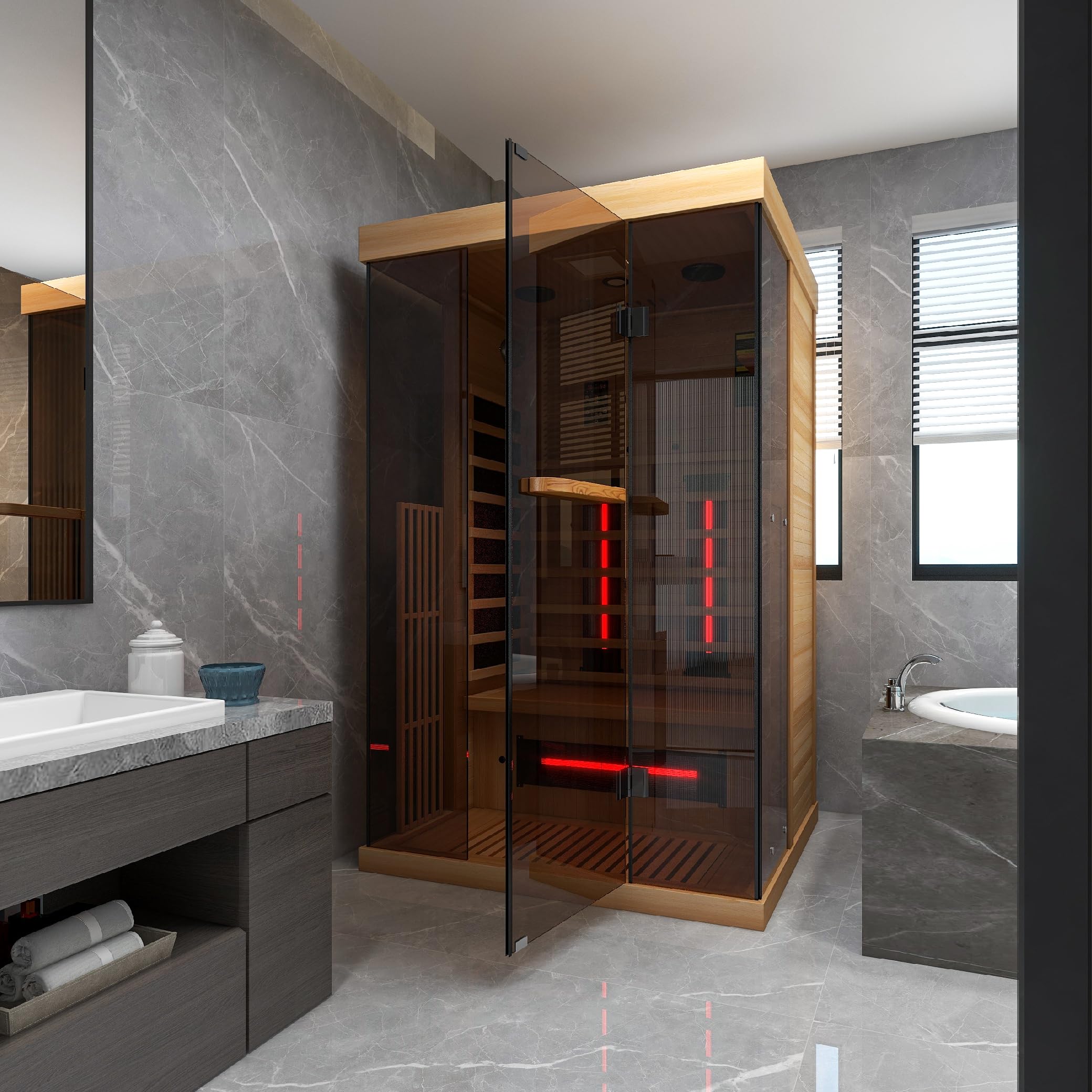 1-2 Person Infrared Sauna 15 Minutes Pre-Warm up Far Infrared Sauna for Home with 7 Colors Chromo Therapy Lighting and Full View Tempered Glass(Canda Hemlock Wooden)