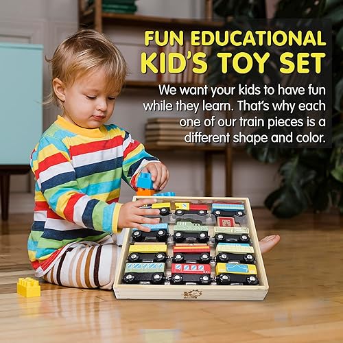 Miniatura 4 de Leo &amp; Friends Juego de tren de madera de 12 piezas para niños, perfecto para preescolares o regalo de cumpleaños de niños, incluye vagones, camiones