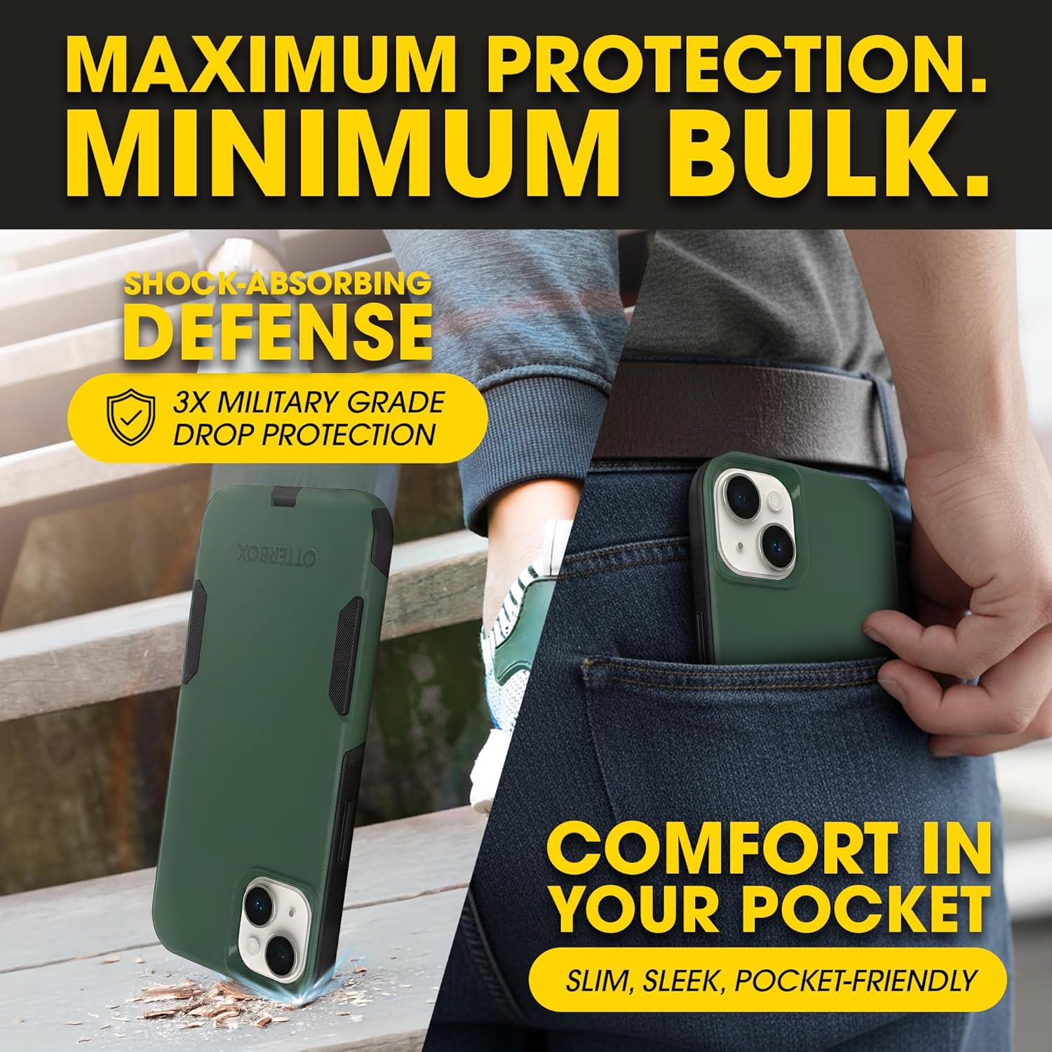 OtterBox iPhone 14 & iPhone 13 Commuter Series Case - Commuter Series Case -Thin, Dual-Layer, Pocket-Friendly, Port Cover - Green/Black
