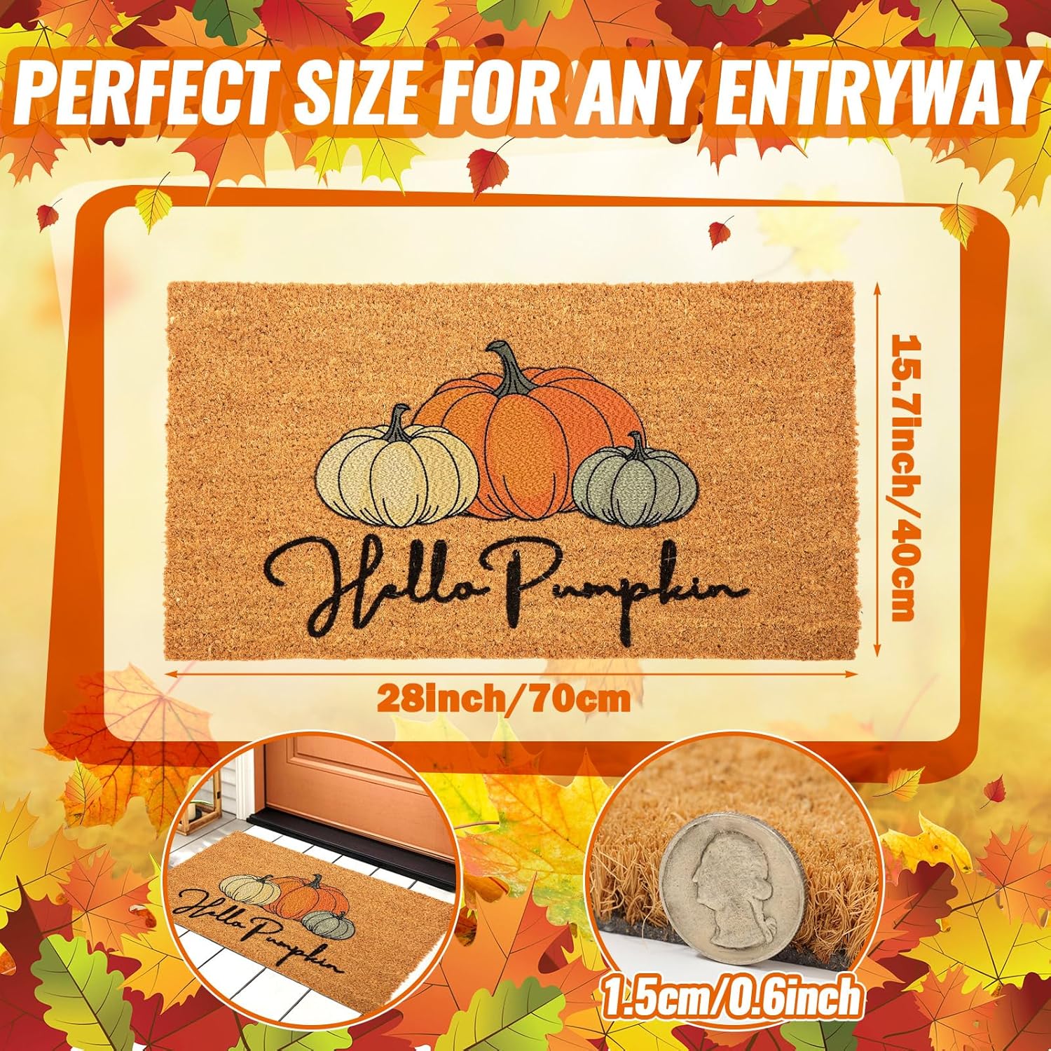 Ceenna Fall Coir Doormat Hello Pumpkin Coir Welcome Mats Autumn Non Slip Floor Mats Fall Thanksgiving Indoor Entrance Door Mat Porch Front Decor, 16 x 28 Inch