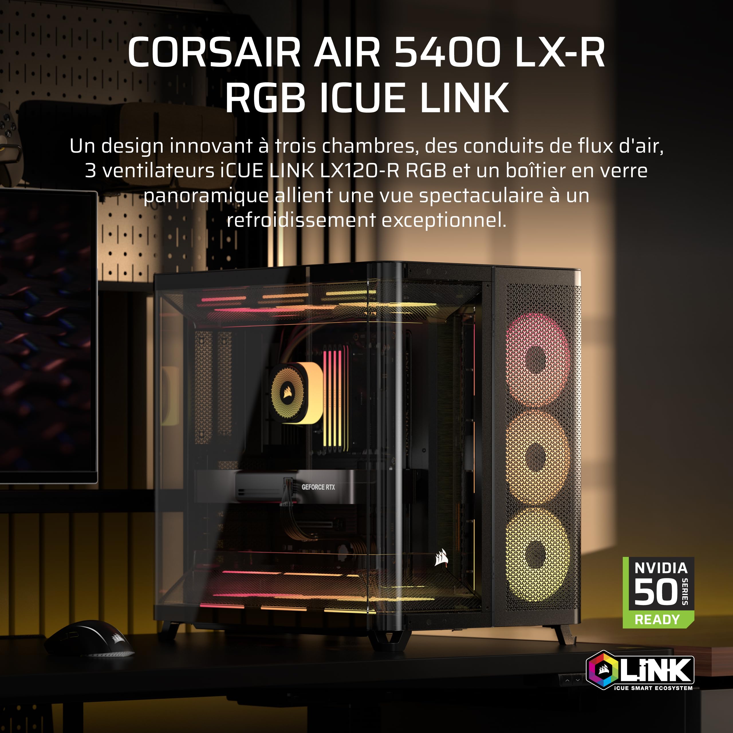 CORSAIR AIR 5400 LX-R RGB iCUE Link Boîtier PC Triple Chambre – Noir | 3x Ventilateurs RGB LX-R Inclus, Panoramique, Chambre Isolée pour AIO 360mm, Compatible Mères À Connexion Inversée