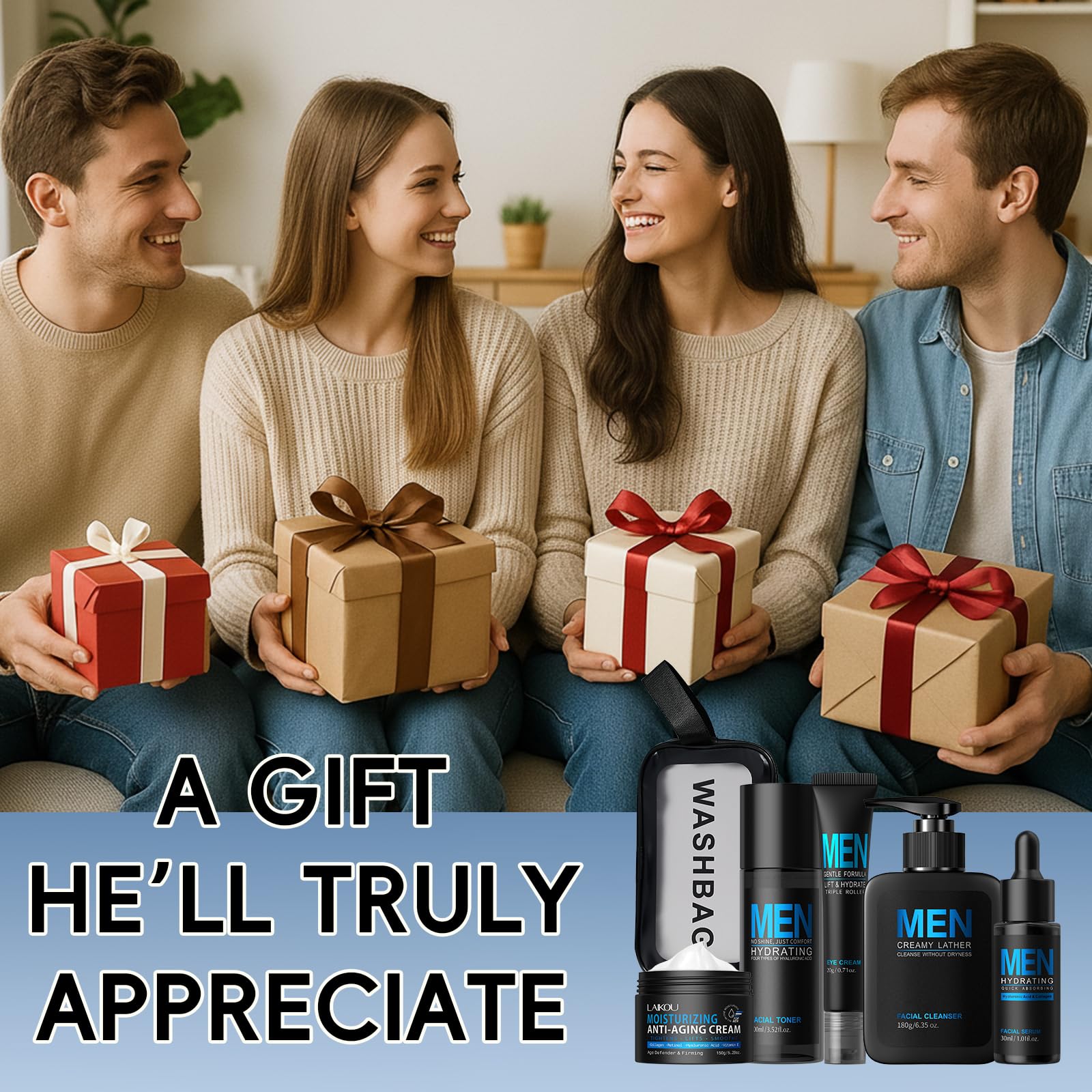 Coffret Soin Visage Homme, 5 pièces Skincare Set Men, pour Hydratant Anti-Âge Anti-Brillance, Kit Soin Visage Homme Cadeau avce Nettoyant Lotion Visage Yeux Crème Sac de Rangement