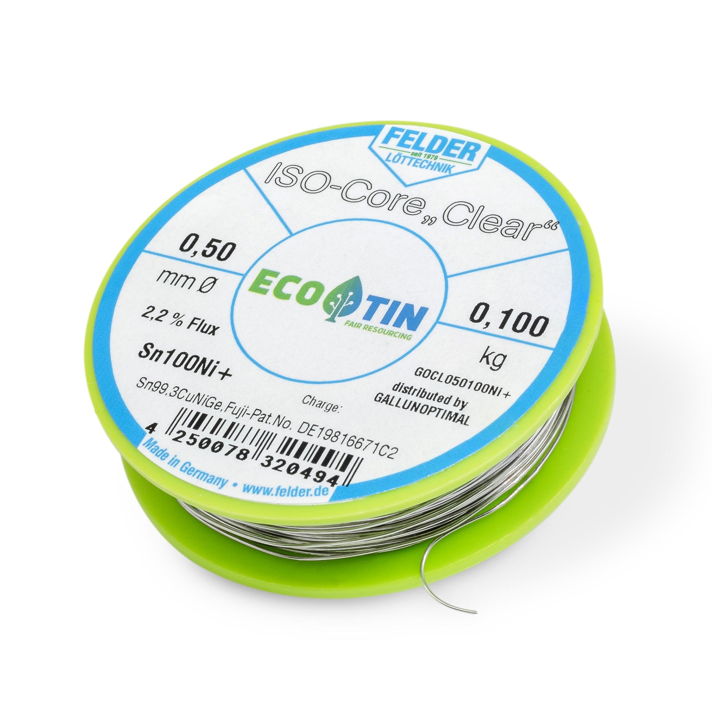 Felder FCL050100Ni+ - Filo per saldatura ISOCore, Clear Sn100Ni+ Sn99,3CuNiGe, 0,5 mm su bobina da 100 g