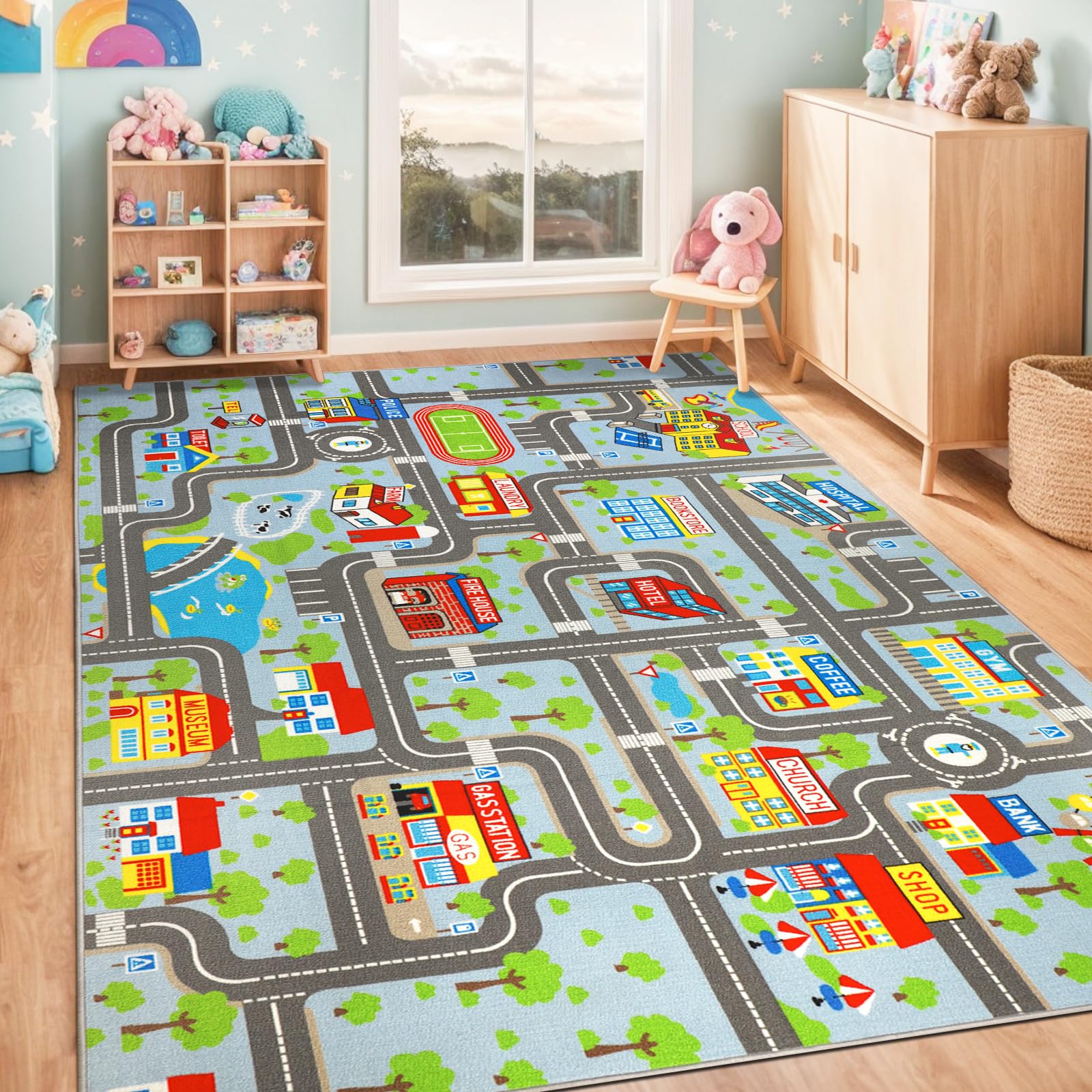 Kids Carpet Playmat Rug 6'6''x9'8'', Kids Rugs for Bedroom, Non-Slip Town City Road Map Car Rugs for Kids Toy Cars, Track Carpet Play Rug for Playroom