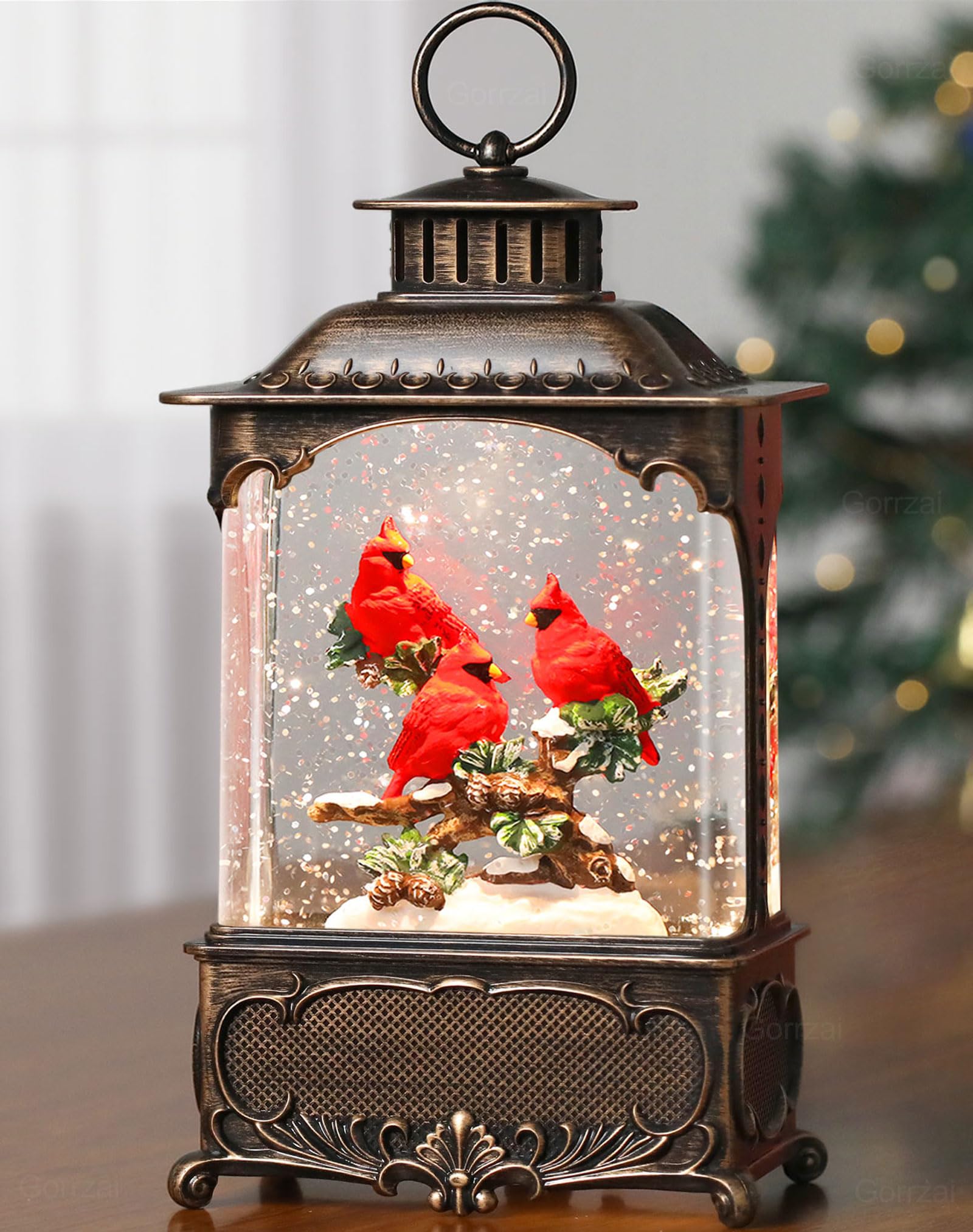 Cardinal Snow Globe Lantern Christmas Snow Globes, Lighted Christmas Decorations Indoor for Home with Music Timer Swirling Glitter, Light Up Musical Cardinals Decor, USB or Battery Operated