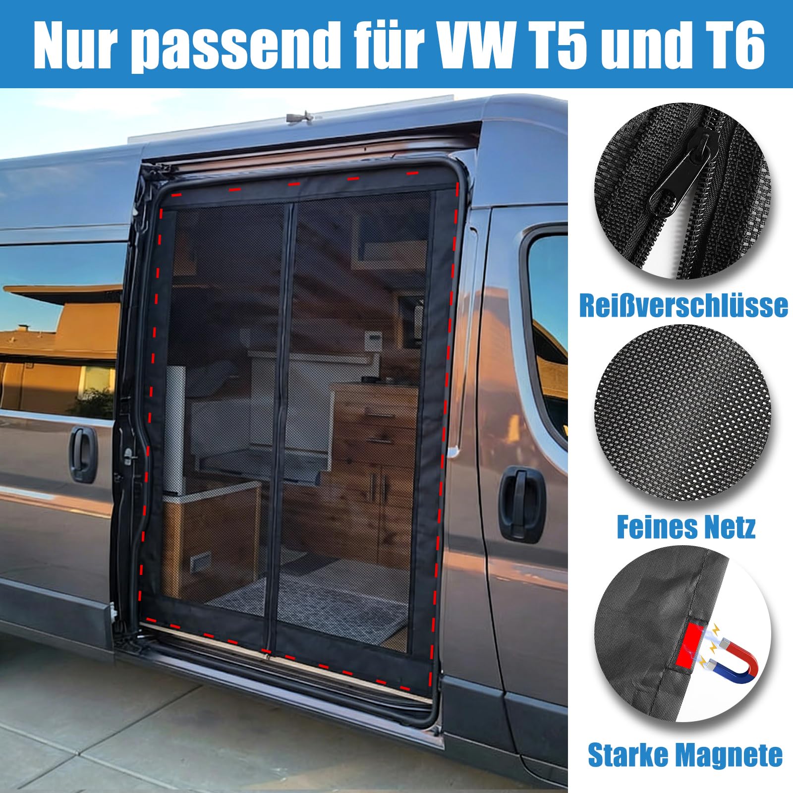 Moskitonetz Magnetisch für VW T5 T6 Schiebetür | Insektennetz & Fliegengitter mit Schattennetz | Sonnenschutz als Camping Zubehör für Multivan