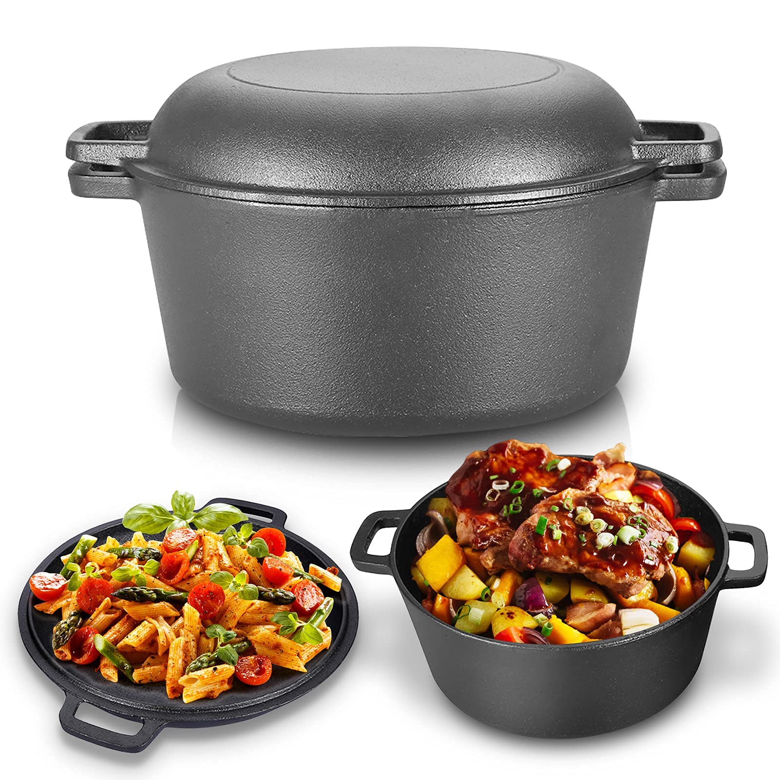Casserole en fonte, 2 en 1 casserole de 4,5 l Réchaud combiné double Dutch Oven avec couvercle/poêle à frire double fonction de marque pour cuisine camping jardin cuisson barbecue 26 * 26 * 12 cm