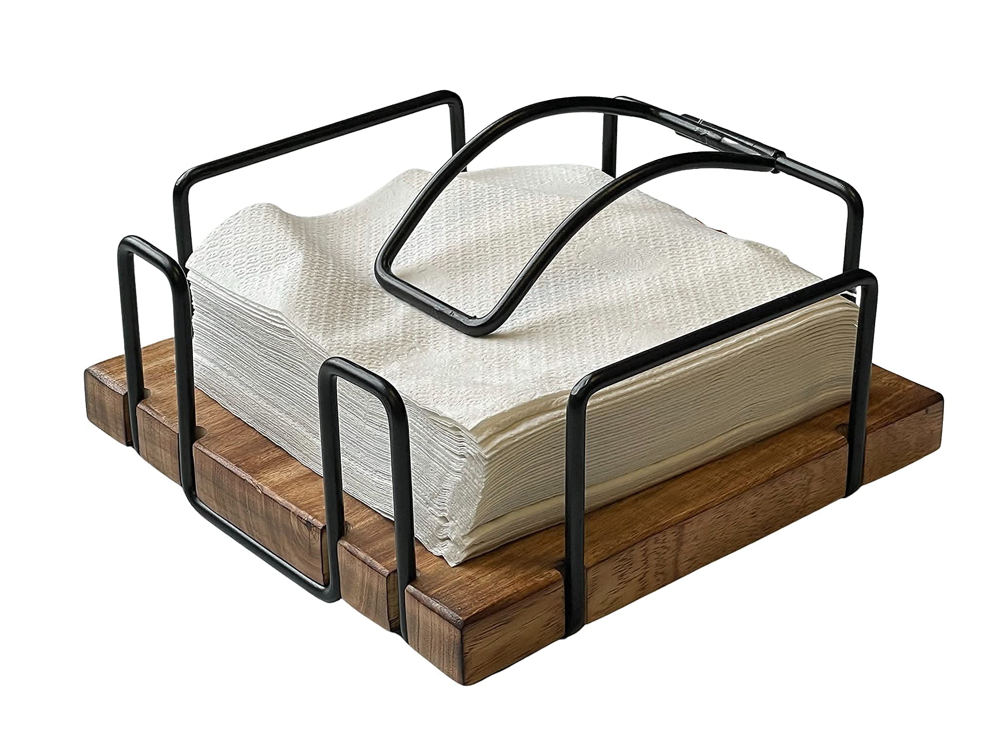 Tribello Farmhouse Serviettenhalter für Küche, Flacher Vintage-Serviettenhalter Rustikaler Stabiler Stahl, Küche & Esszimmer Dekor, Holzsockel, mit beschwertem Arm