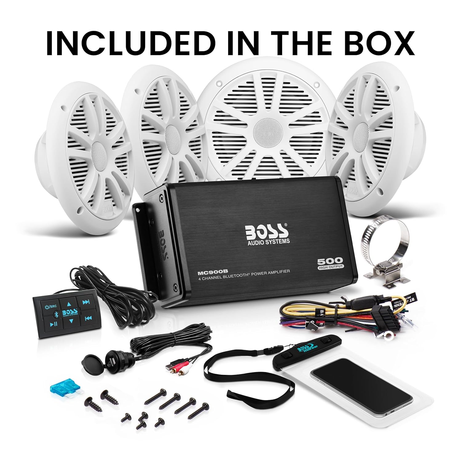 BOSS Audio Systems ASK904B.64 Marine Boat 6.5 inch Speakers and 4 Channel Amplifier - 500 High Output, Bluetooth Remote, USB and Auxiliary, Waterproof Pouch