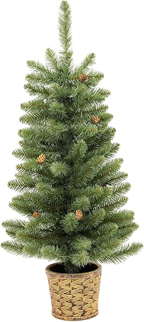 WeRChristmas Craford Blue Pine Christmas Tree with Mini Pine Cones in a Gold Resin Pot, 3 feet - Green