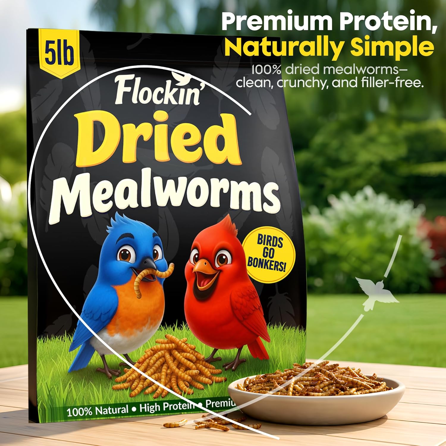 Dried Mealworms for Wild Birds - Crunchy Meal Worms for Wild Birds - High Protein Dried Mealworms for Bluebirds, Cardinals & Woodpeckers - Premium Backyard Bird Treat - All Natural Bird Food (5lbs)