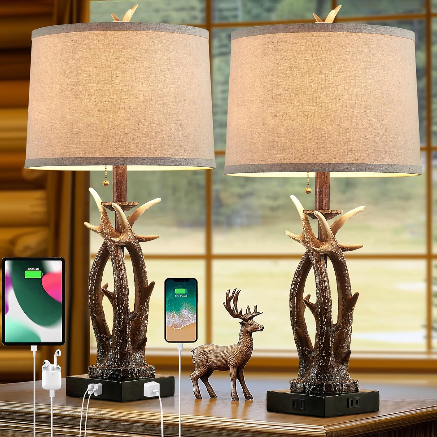 Farmhouse Deer Antler Table Lamps Set of 2 Rustic Western Bedside Lamp with USB A+C & Outlet Vintage Nightstand Lamps for Log Cabin Bedroom Hunting Themed Living Room End Table Cottage Home Decor