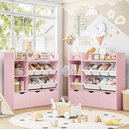 Miniatura 2 de FACBOTALL Organizador de almacenamiento de juguetes con 3 cajones móviles, estantería para niños con 6 contenedores de plástico y 2 cubos de