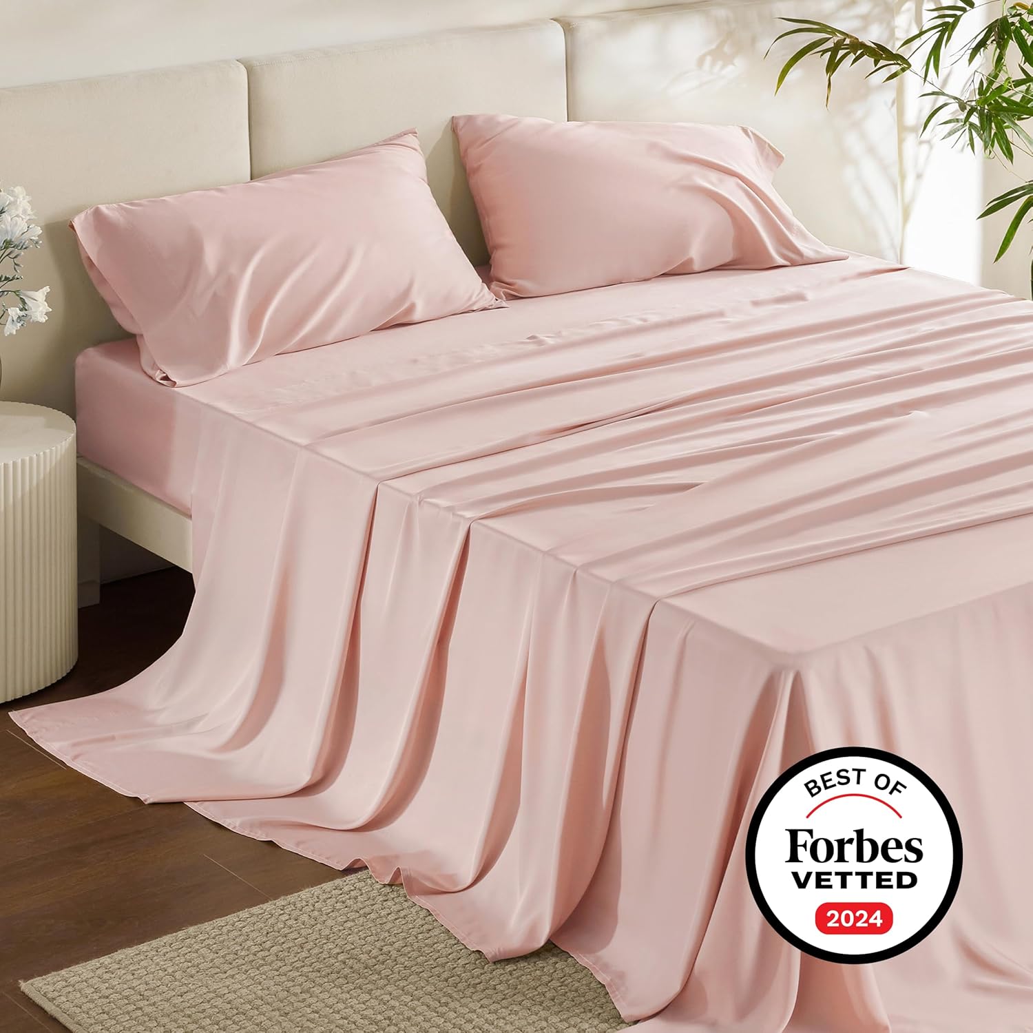 Bedsure King Size Sheets Set, Cooling Sheets for Hot Sleepers, Rayon Derived from Bamboo, Breathable & Soft, Deep Pocket Up to 16 Inches, Hotel Luxury Silky Bedding, Pink - Image 7
