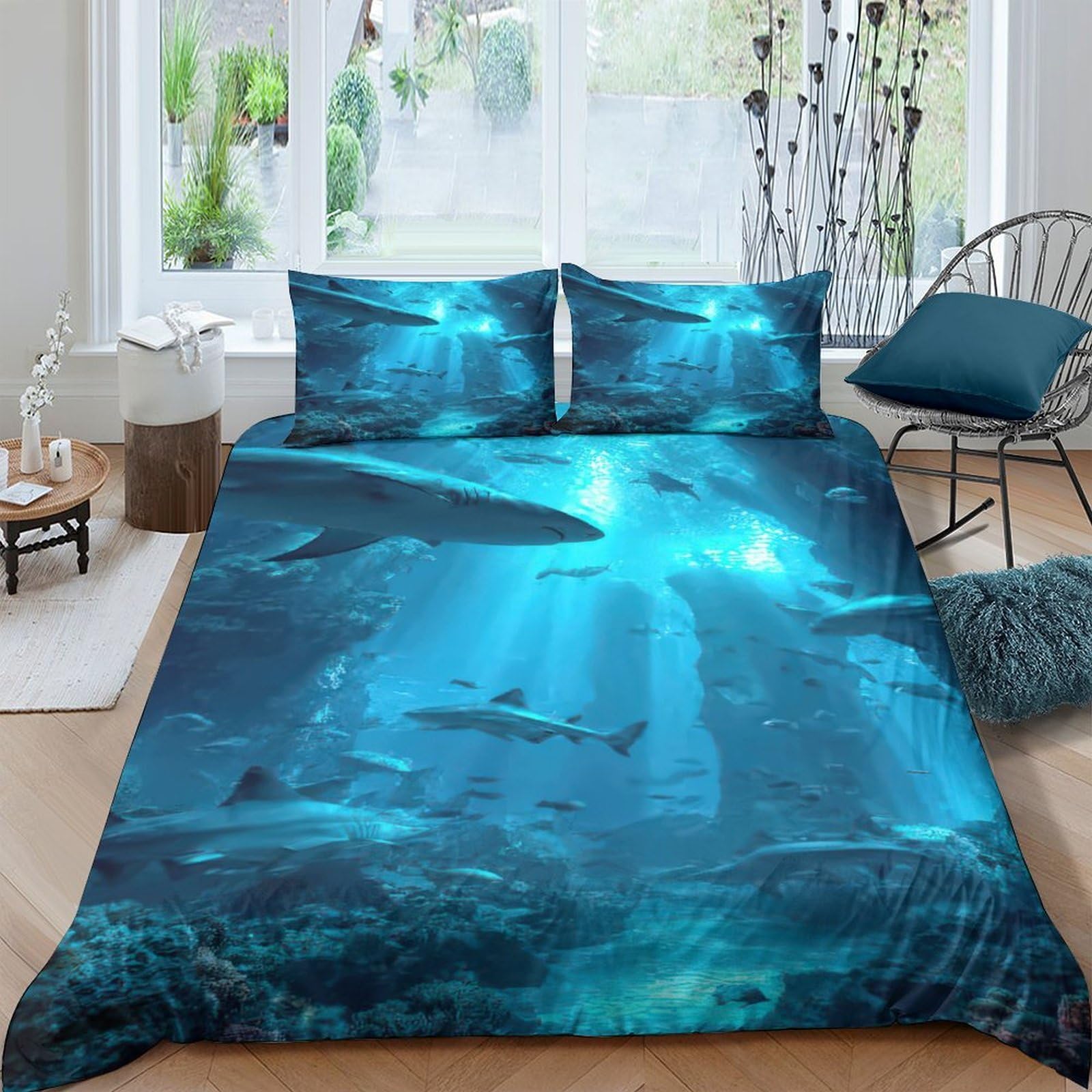 Ctjqhvkz Style-4 3D Printed Ocean Underwater Shark Fitted Sheet Microfiber Soft Blue Sea Life Mattress Cover For Bedroom Guest Room Single（135X200cm）