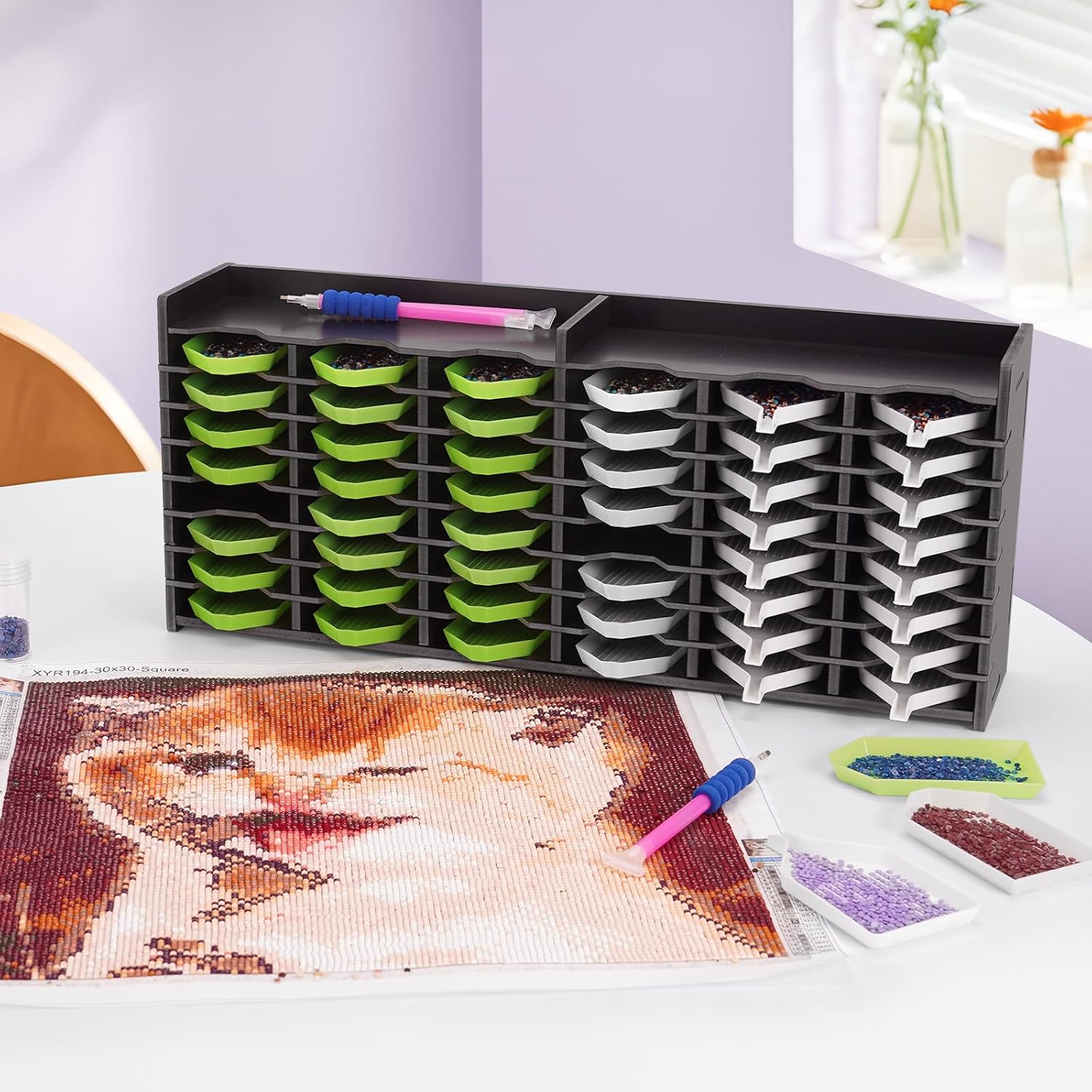 48 Grids Diamond Painting Tray Storage Holder Drill Pen & Multi-Boat Tray Organizer Rack Art Diamond Painting Accessories Kits, for Small Size Trays, Black