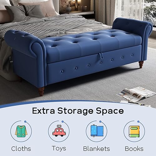 Miniatura 15 de NIOIIKIT Banco otomano de almacenamiento de 63 pulgadas, banco de entrada con botones al final de la cama, sofá otomano armado enrollado para Beige