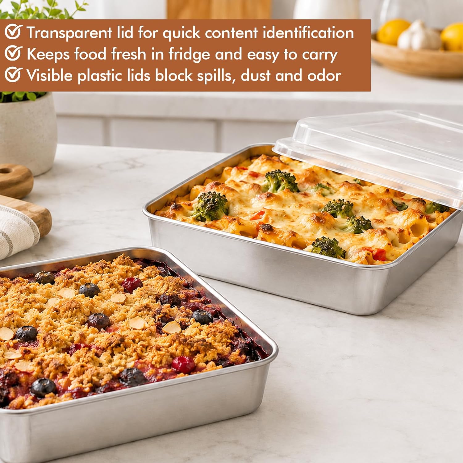 4 Pieces 8 x 8 Baking Pan with Lid, Stainless Steel Square Cake Pan, Brownie Baking Pans Stainless Steel Bakeware Set Easy Clean & Dishwasher Safe (4 Pans + 4 Lids)