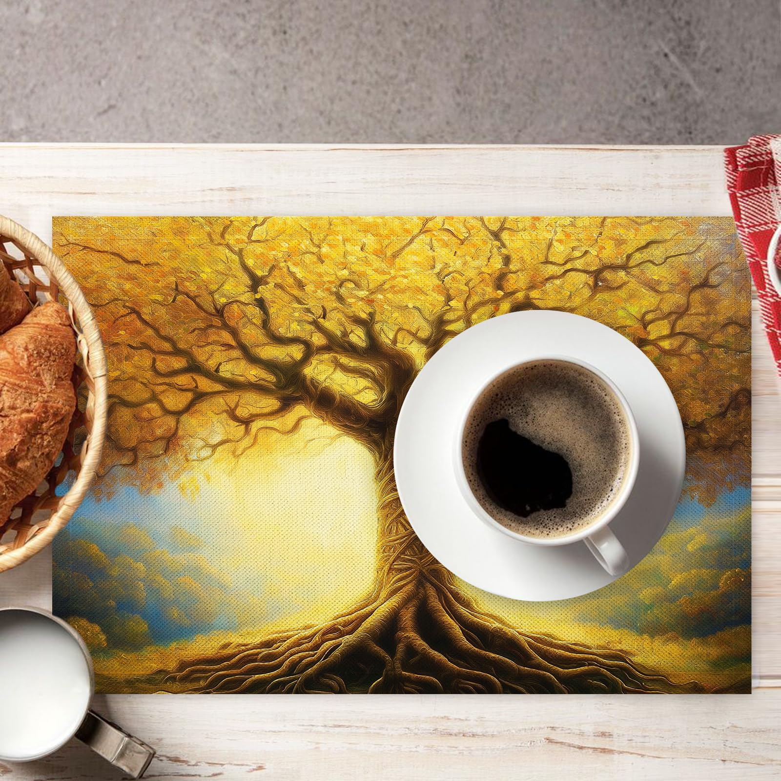 8 Pezzi Tovagliette Americana Paesaggio autunnale - Tovaglietta Americane in Cotone e Lino Albero d'oro Lavabili Sottopiatto per Sala da Pranzo Tavolo da Cucina 45 ×30 cm