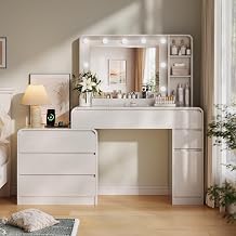 60" White Makeup Vanity Desk with Mirror and Lights, Makeup Desk with 3 Drawer Dresser Large Vanity Table with 6 Deep Drawers & Cabinet, Vanity Desk with Large Mirror and 3-Color Lights for Girls