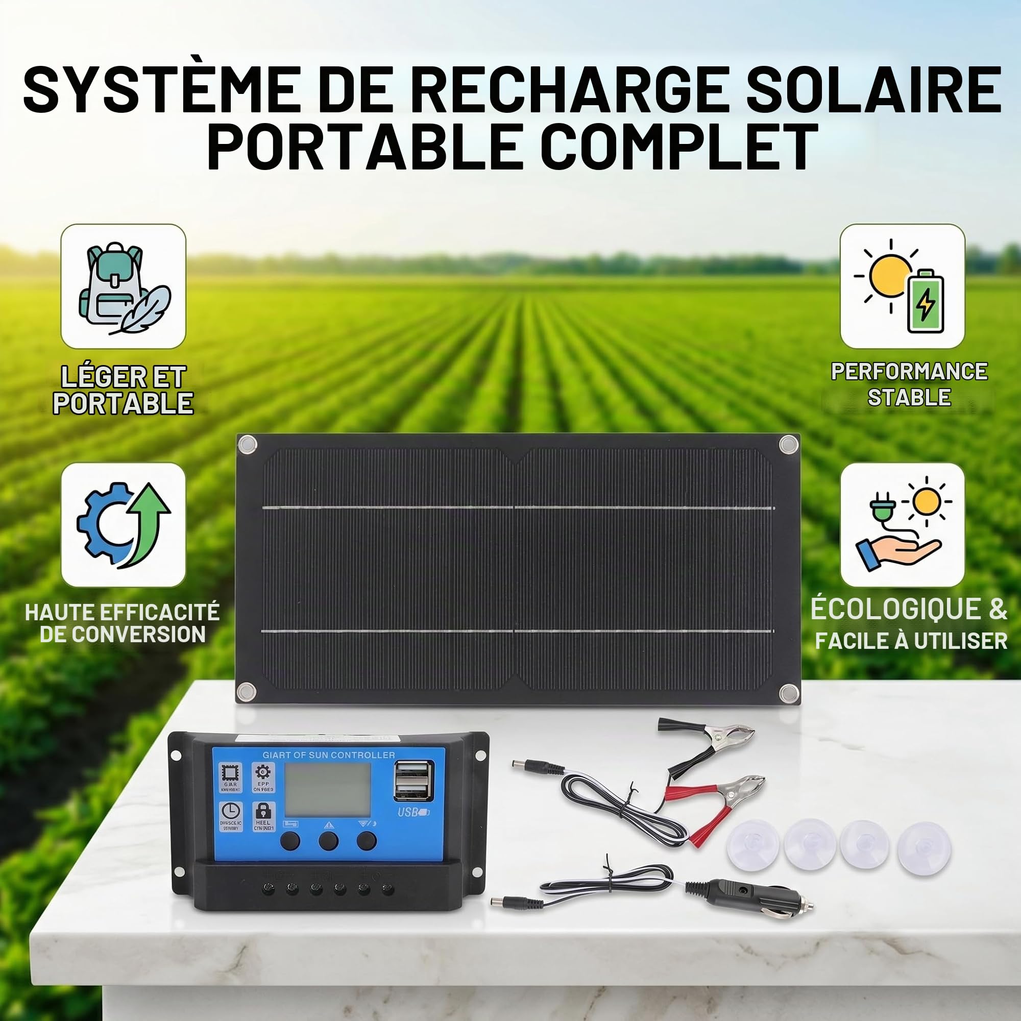Kit Panneau Solaire 6W 18V avec Contrôleur de Charge 100A - Chargeur de Batterie pour Voiture, Camping-Car, Caravane, Véhicules Récréatifs, Bateaux