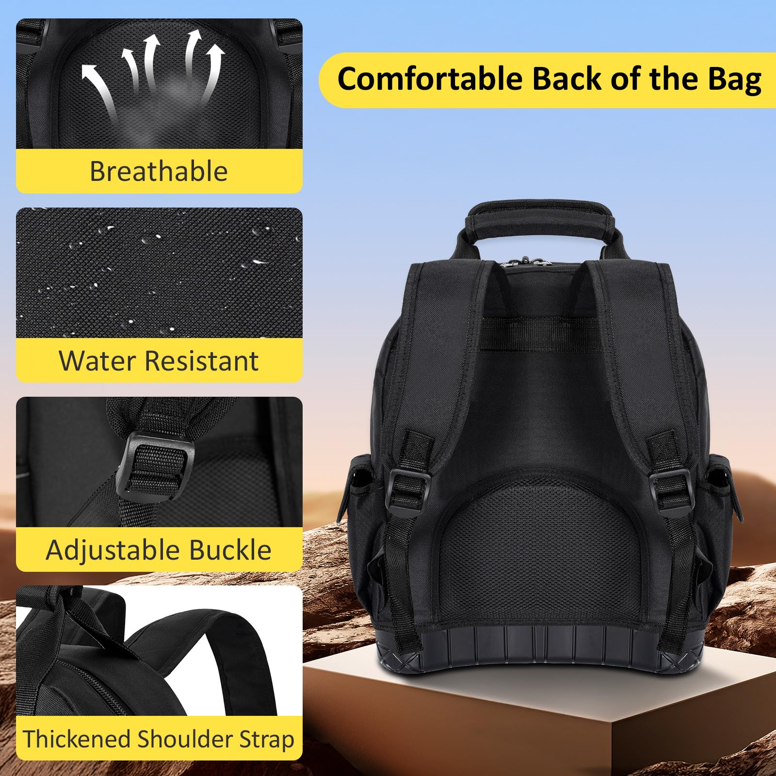 OUUTMEE Sac à dos à outils multi-poches avec base renforcée en ABS | Organiseur d'outils robuste avec bretelles rembourrées et sangles de taille | Équipement de rangement d'outils pour électriciens et